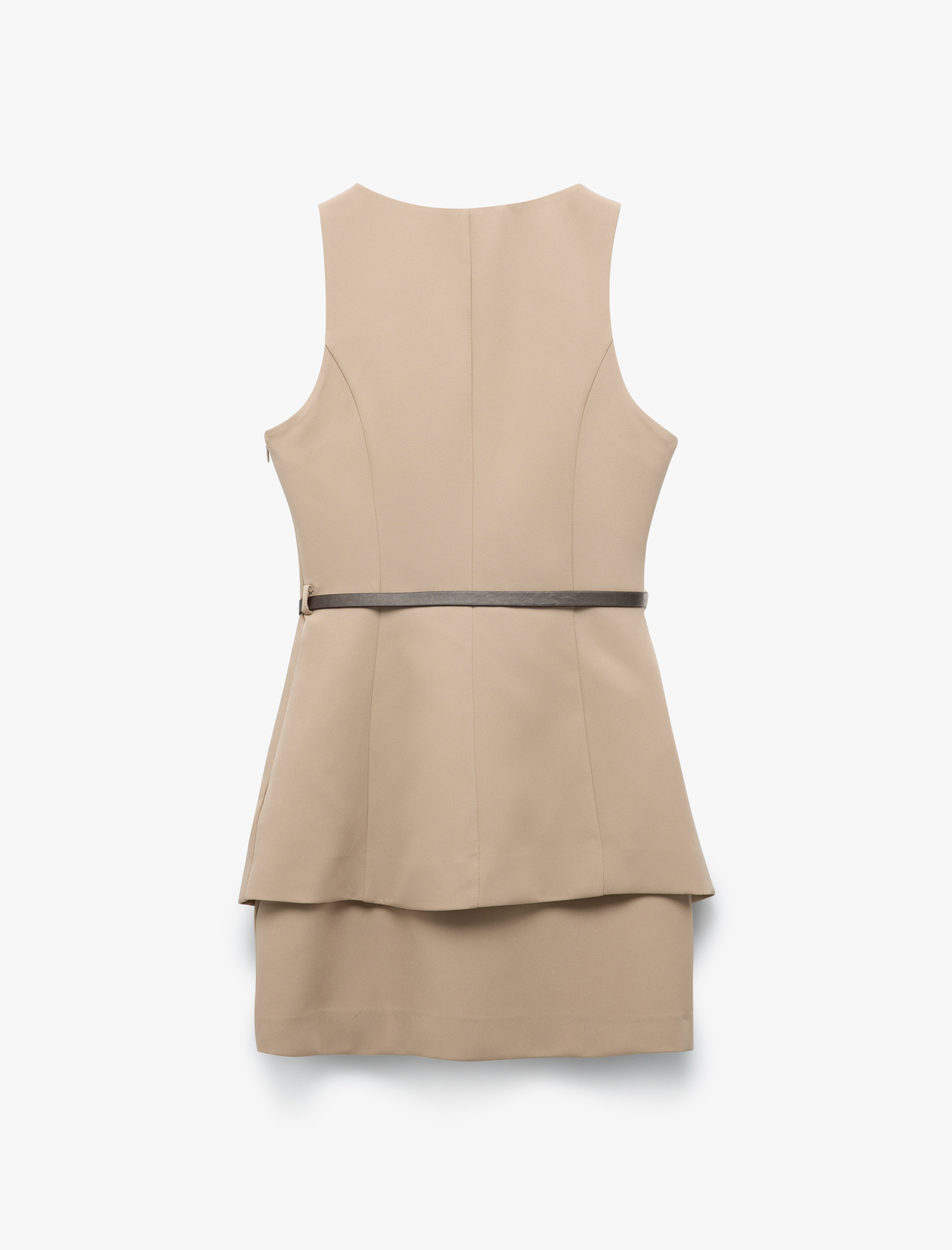   Katmanlı Kemer Detaylı Kolsuz Yuvarlak Yaka Yelekli Mini Elbise