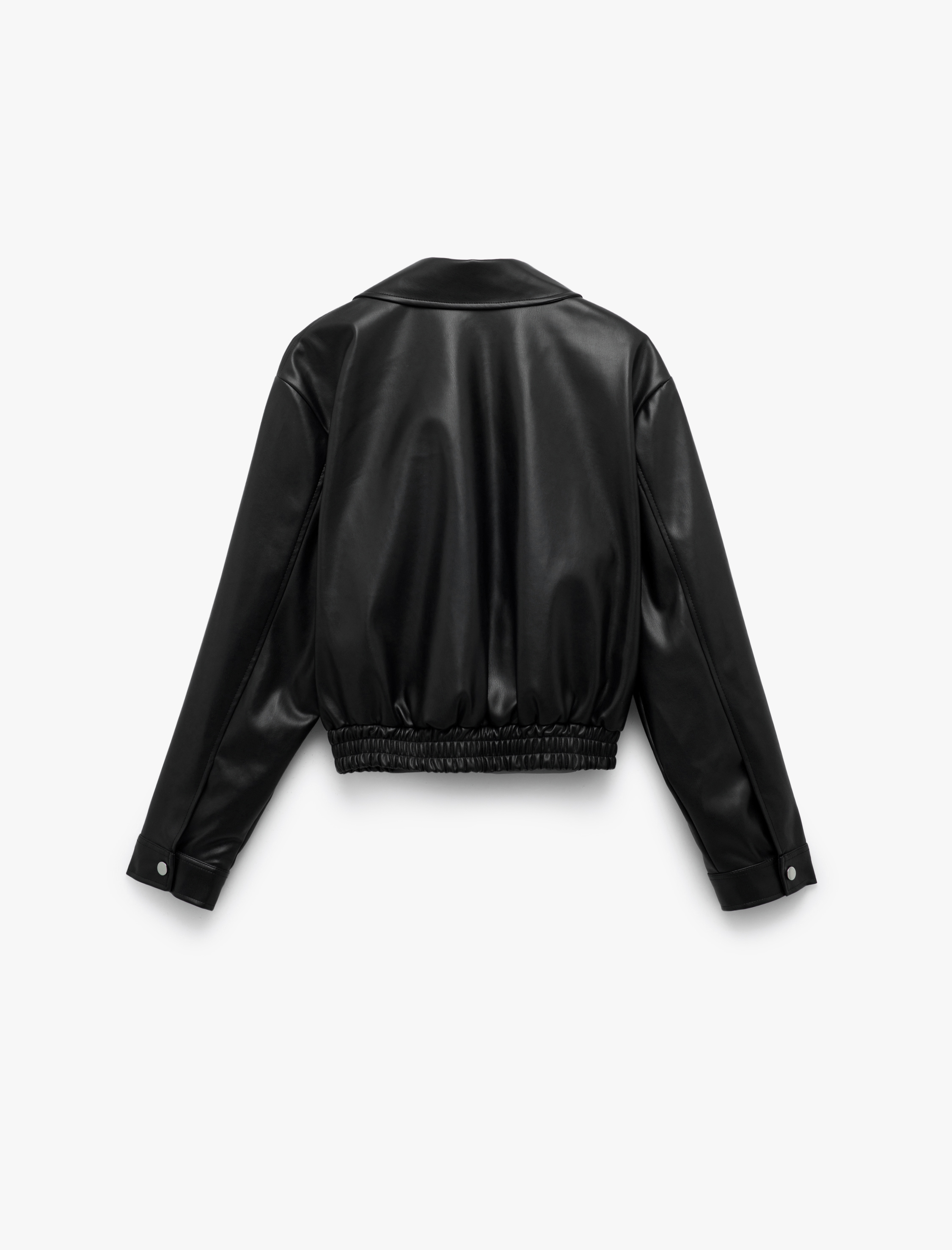   Gömlek Yaka Suni Deri Fermuarlı Cepli Bomber Ceket