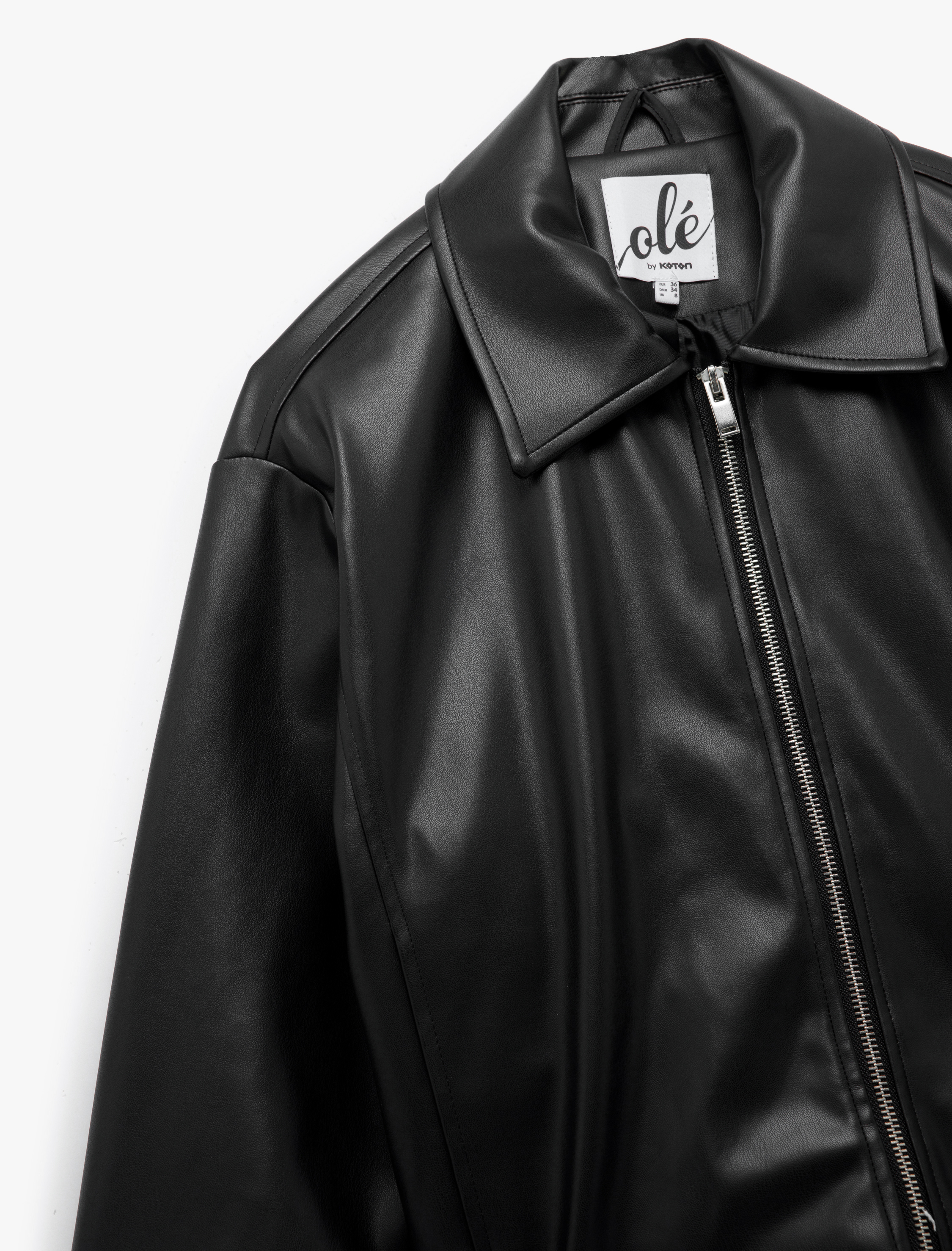   Gömlek Yaka Suni Deri Fermuarlı Cepli Bomber Ceket