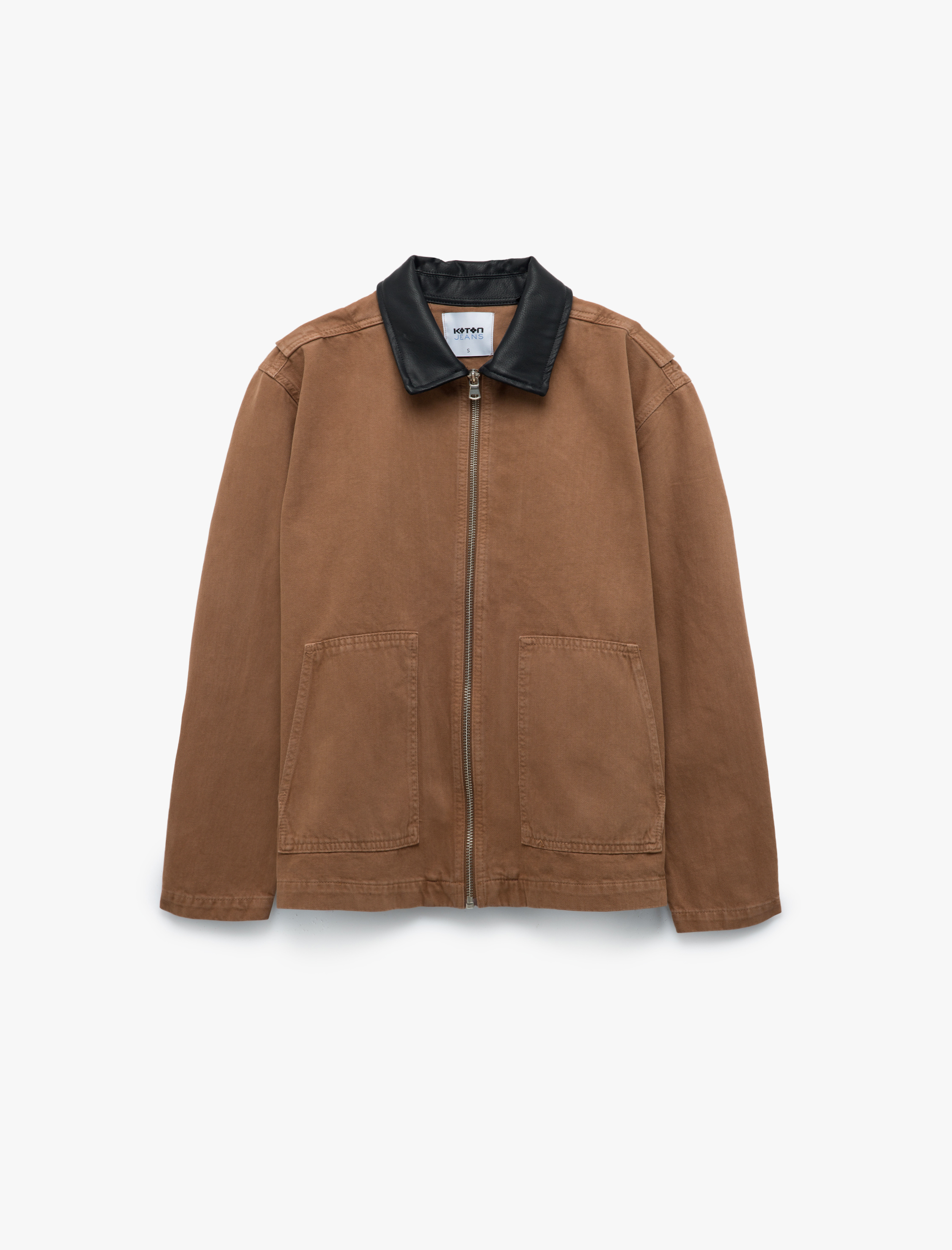   Suni Deri Yaka Detaylı Fermuarlı Cepli Denim Ceket