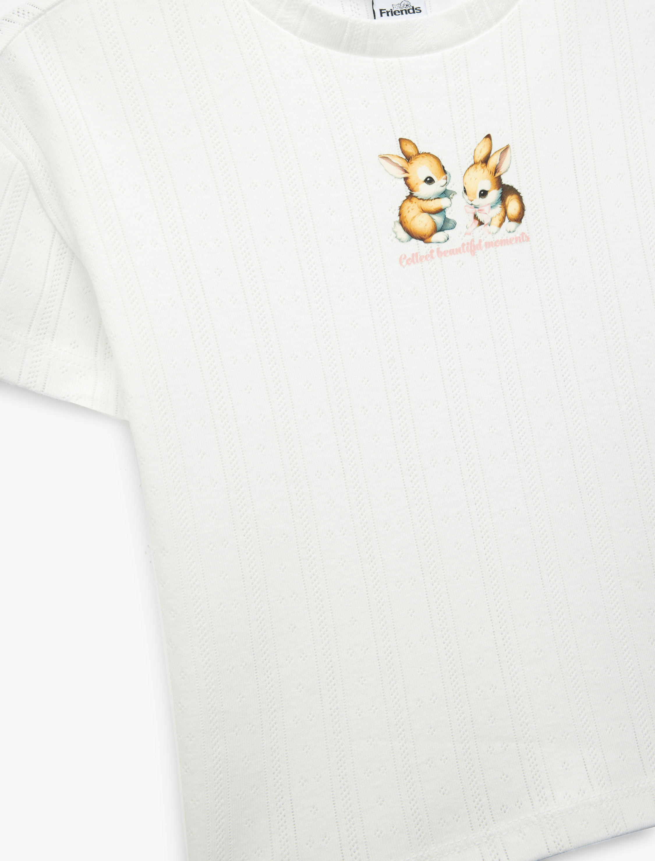  Kız Bebek Pamuklu Tavşan Baskılı Bisiklet Yaka Kısa Kollu Tişört