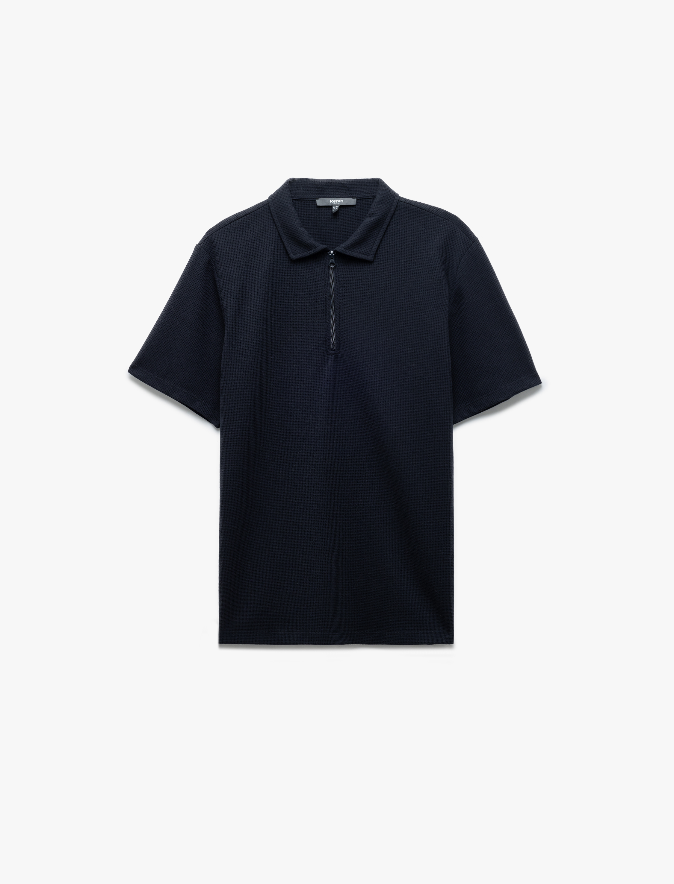   Kısa Kollu Waffle Dokulu Regular Fit Basic Yarım Fermuarlı Polo Yaka Tişört