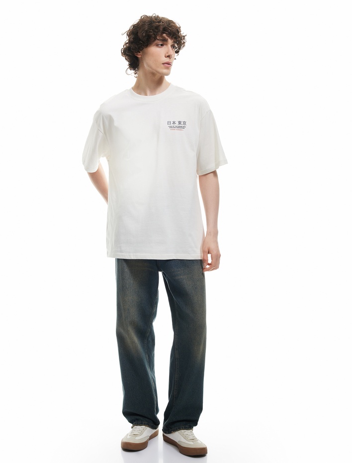  Bisiklet Yaka Arkası Baskılı Pamuklu Kısa Kollu Oversize Tişört