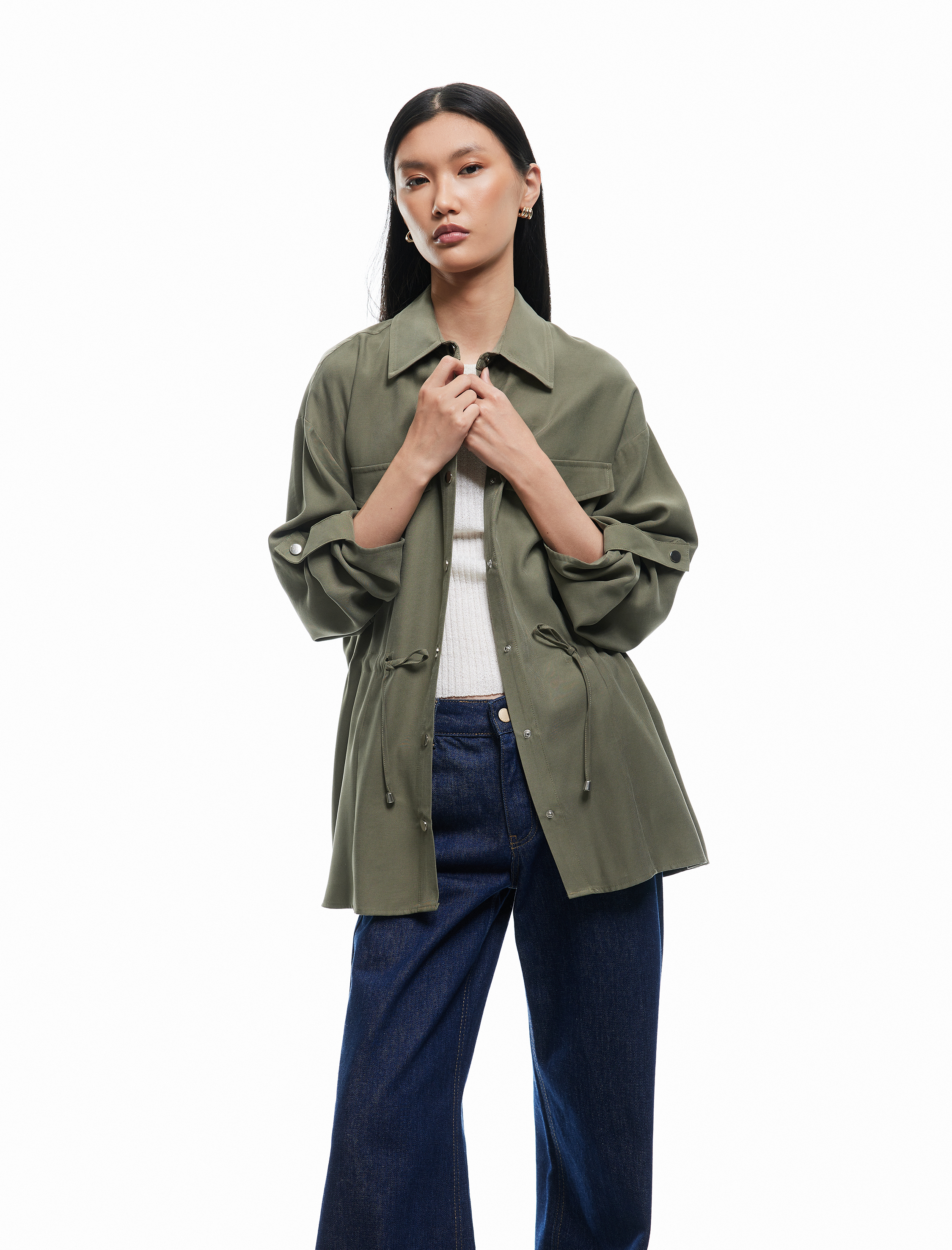   Rahat Kalıp Belden Bağlama Detaylı Cepli Uzun Viskon Ceket