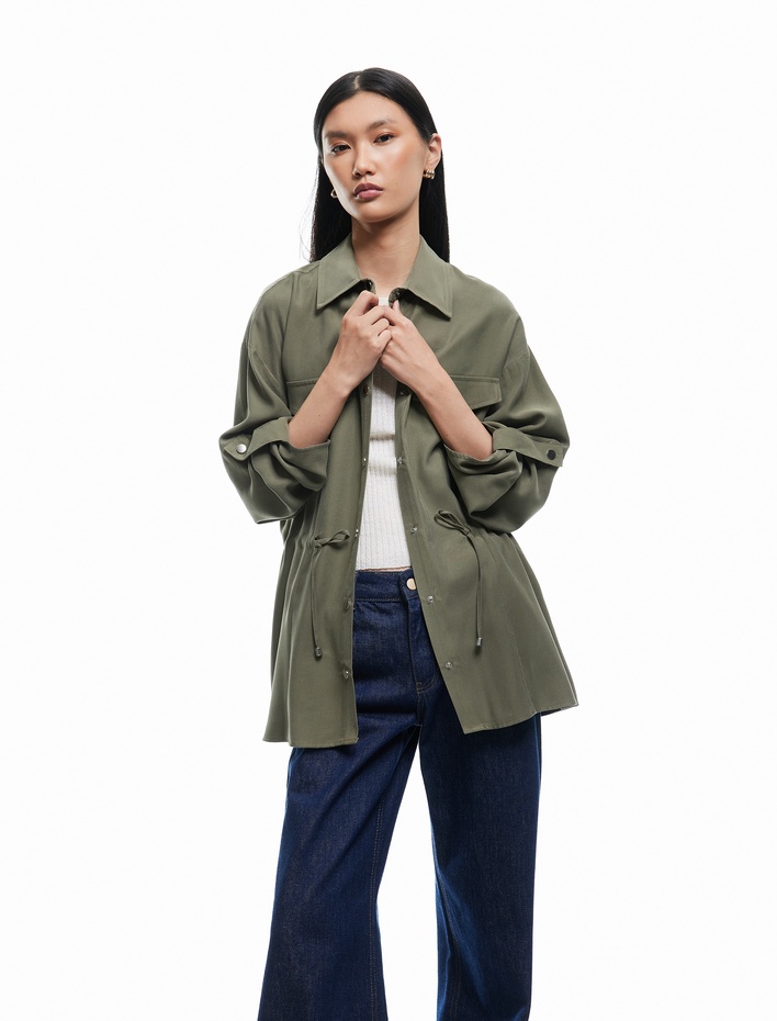  Rahat Kalıp Belden Bağlama Detaylı Cepli Uzun Viskon Ceket