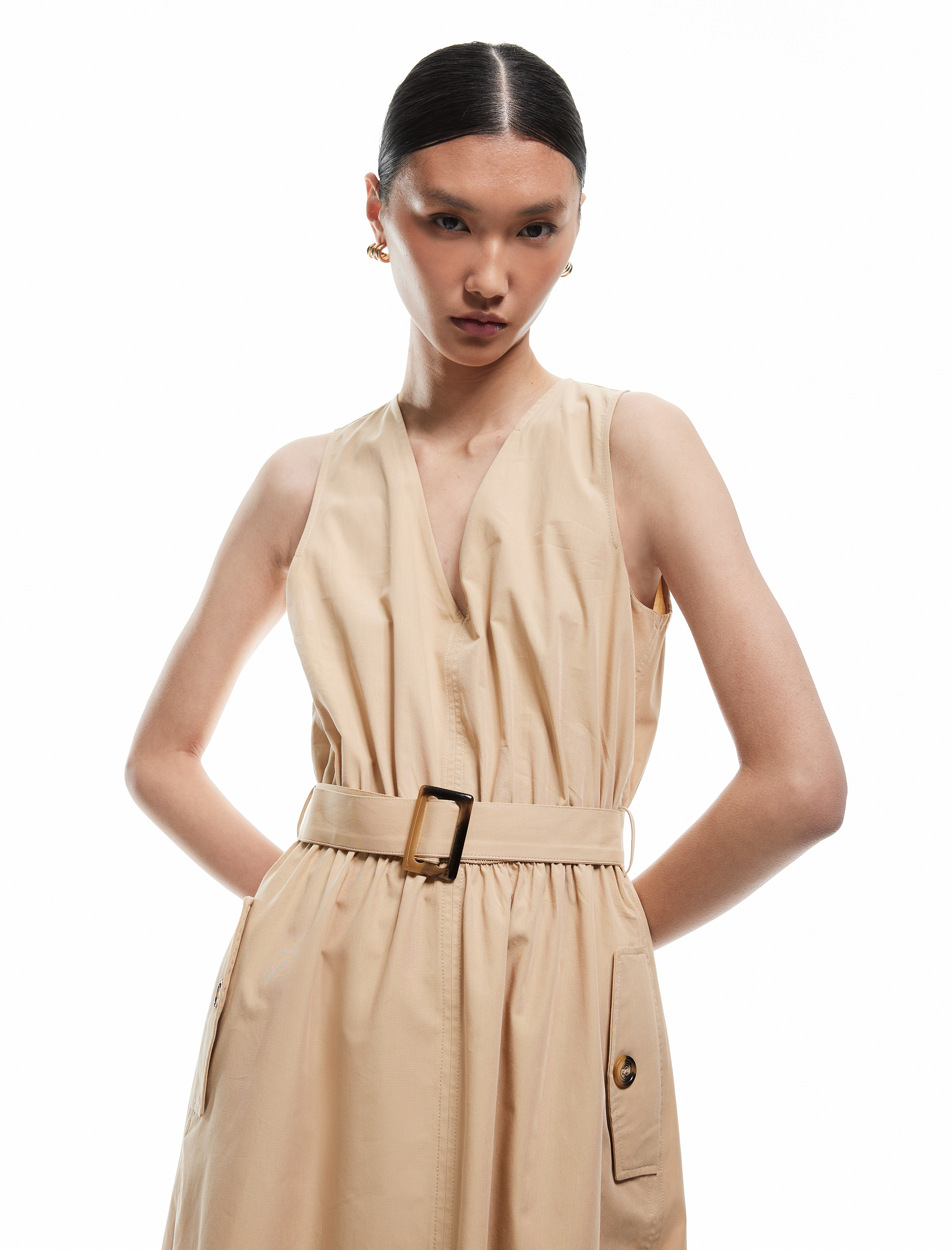   Kemer Detaylı Cepli V Yaka Uzun Poplin Elbise