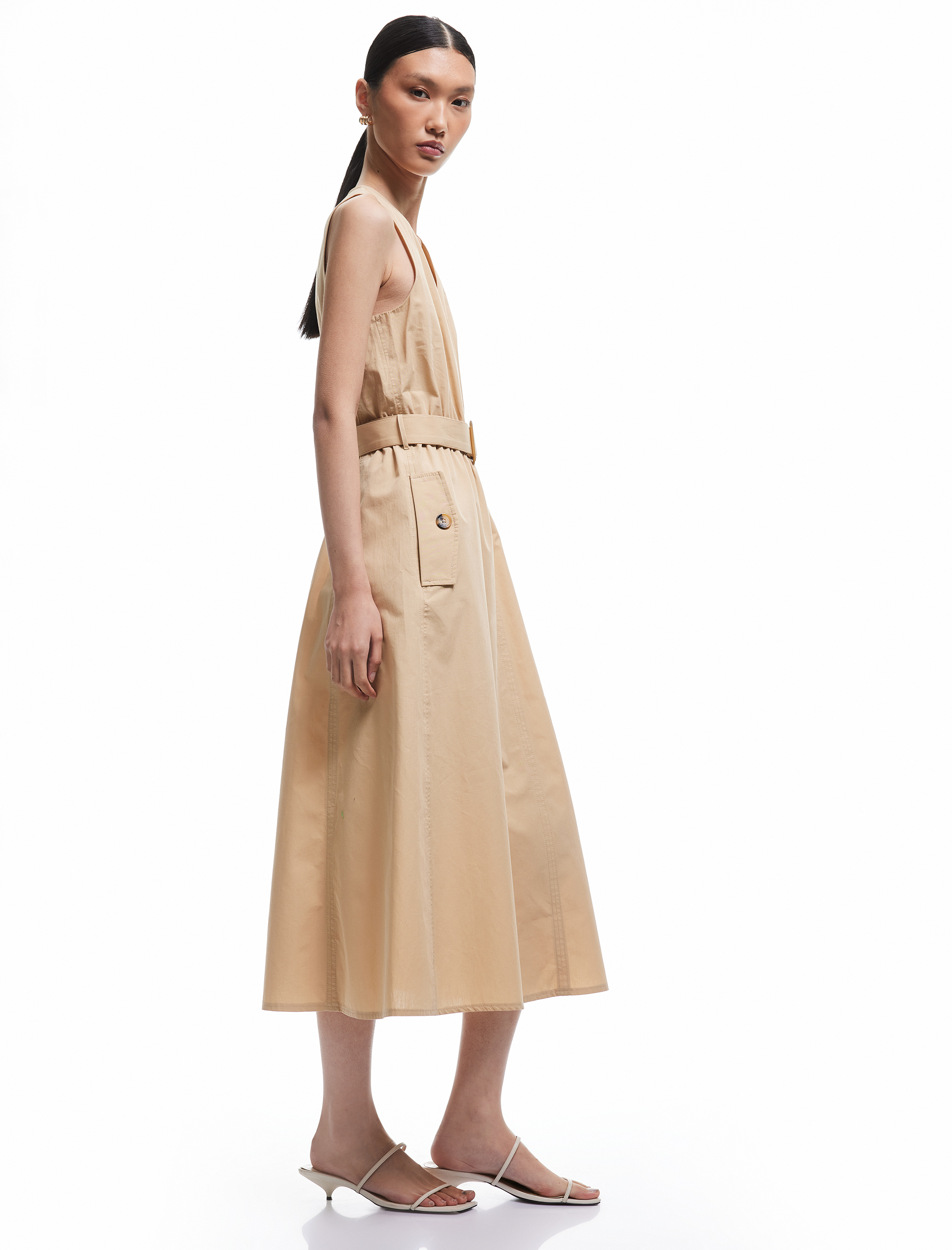   Kemer Detaylı Cepli V Yaka Uzun Poplin Elbise