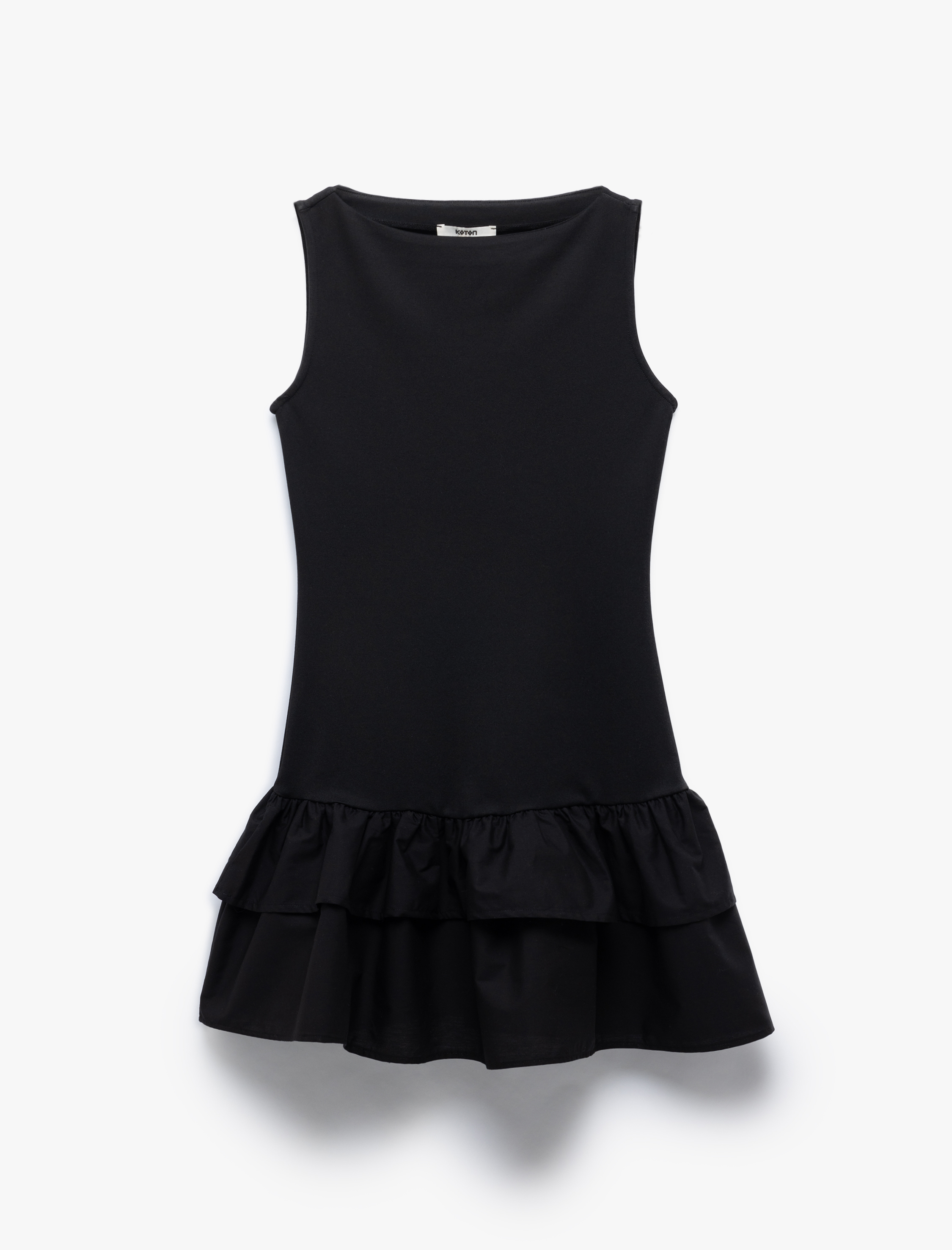 Slim Fit Kat Kat Fırfırlı Volanlı Kayık Yaka Kolsuz Mini Elbise