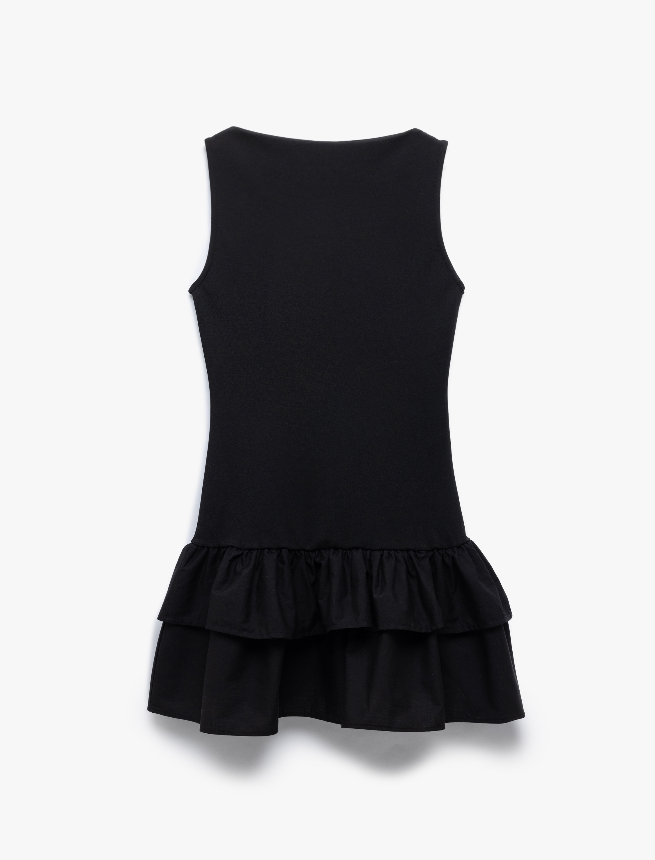 Slim Fit Kat Kat Fırfırlı Volanlı Kayık Yaka Kolsuz Mini Elbise