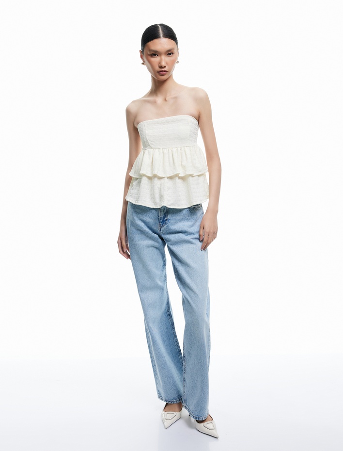  Dokulu Bürümcük Kumaş Katlı Fırfırlı Straplez Üst