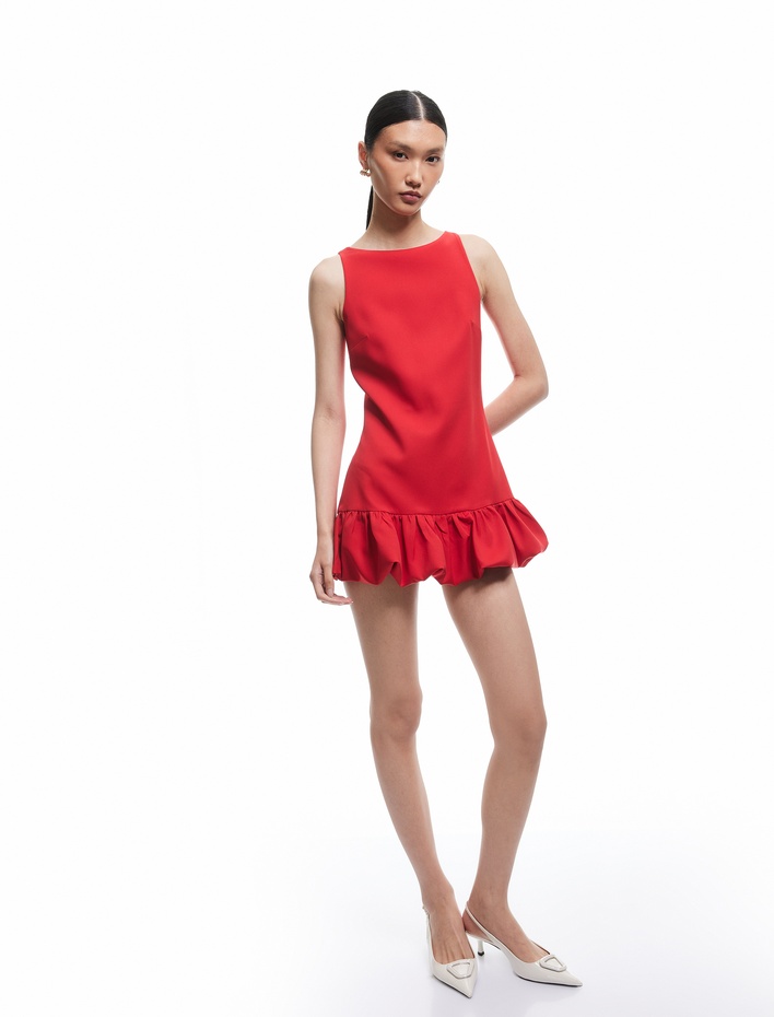  Kolsuz Bisiklet Yaka Mini Balon Elbise