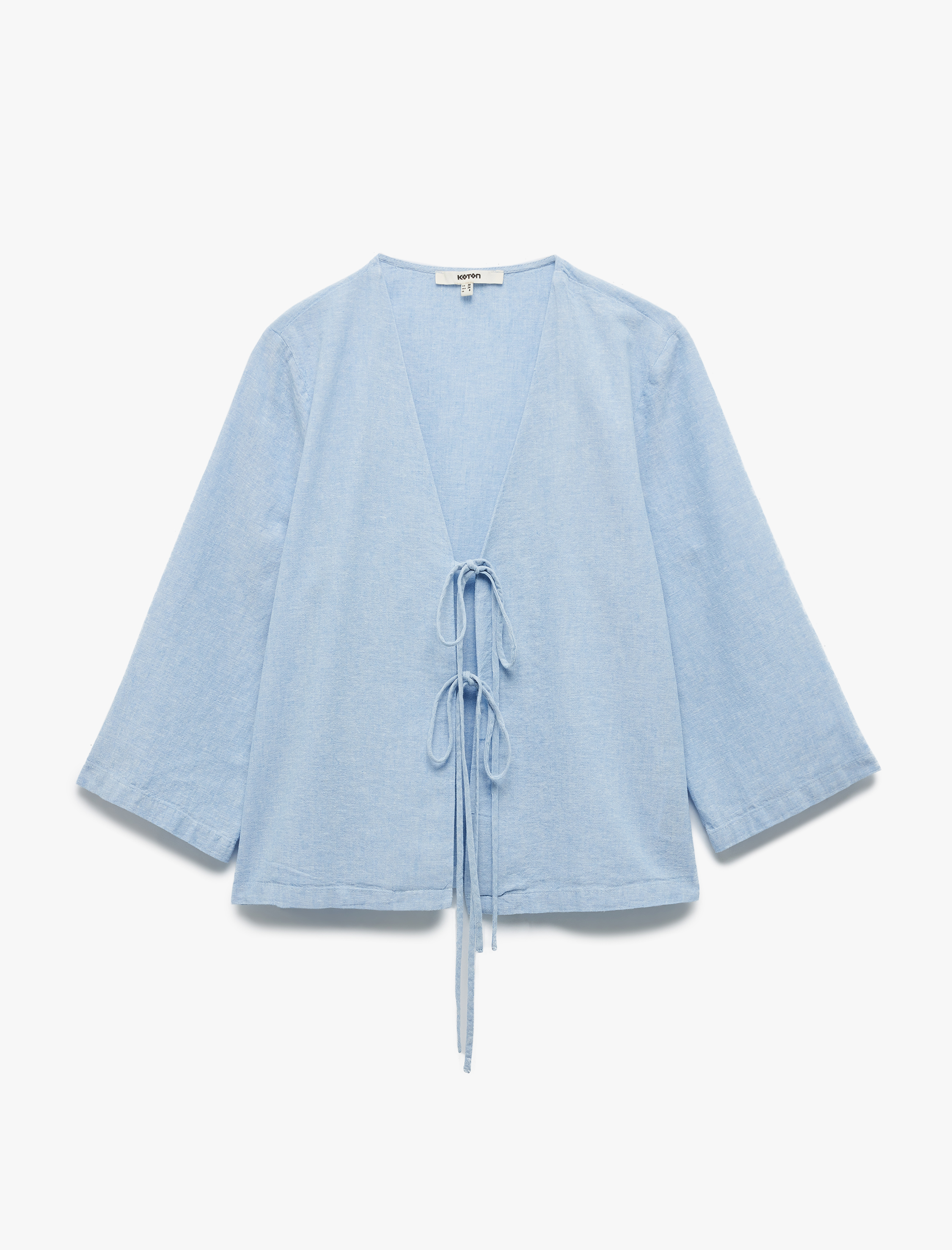   Bol Kalıp 3/4 Kol V Yaka Önden Bağlama Detaylı Keten Bluz