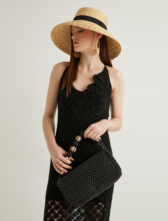 Kadın Hasır El Çantası Ahşap Aksesuarlı