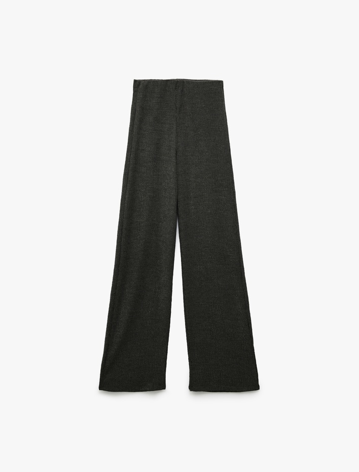  Slim Fit Dokulu Yüksek Bel Bol Paça Pantolon