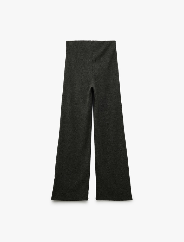  Slim Fit Dokulu Yüksek Bel Bol Paça Pantolon