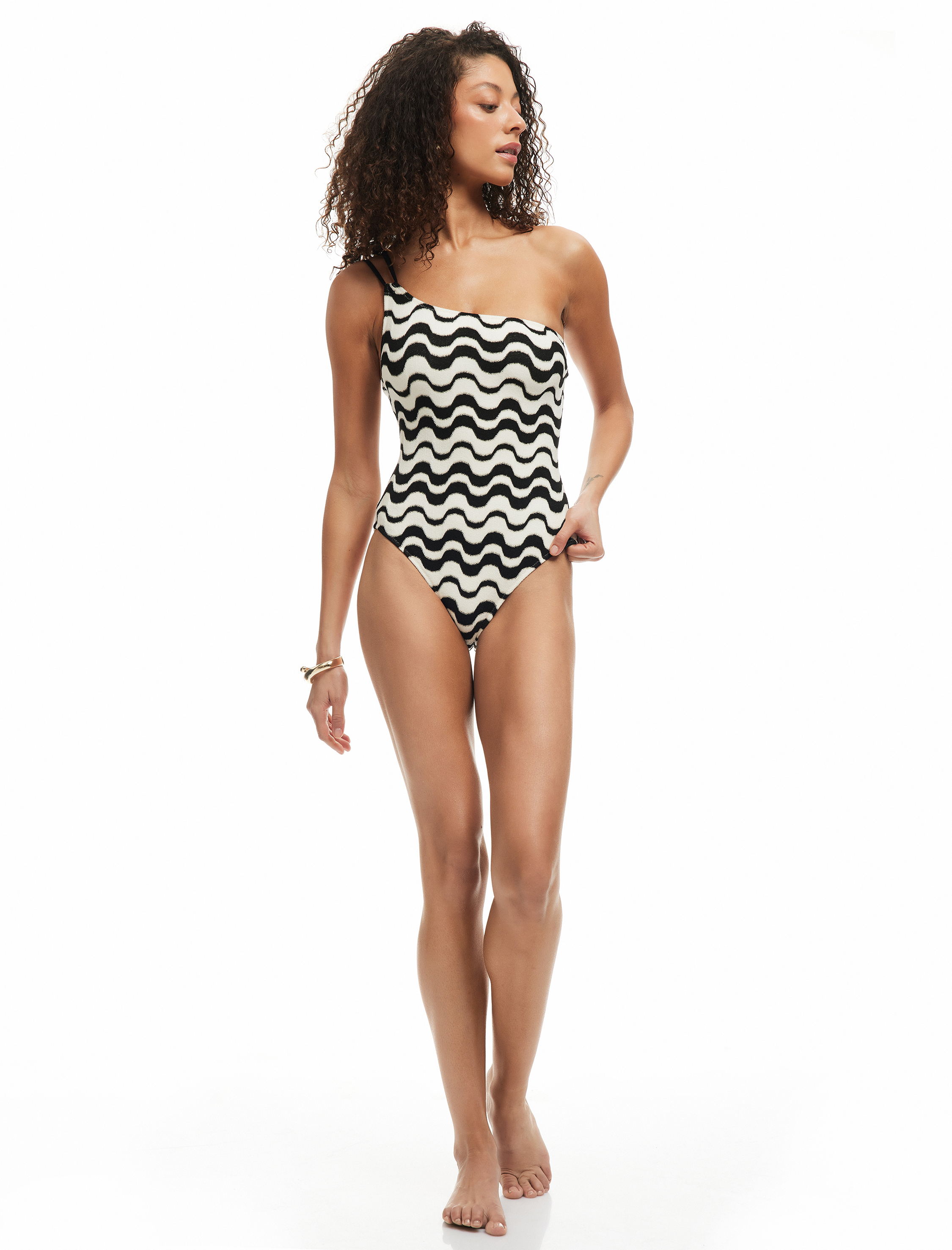 Su Yolu Desenli Dokulu Tek Omuz Mayo