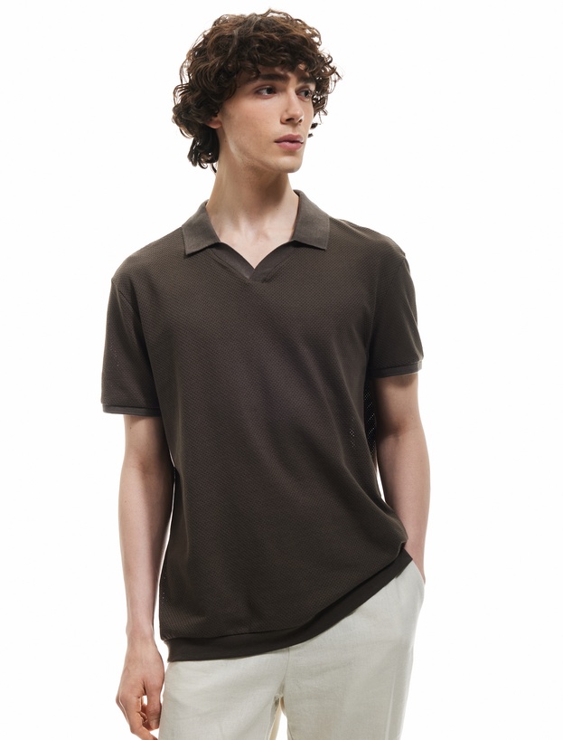 Dokulu Regular Fit Kısa Kollu V Yaka Polo Tişört_0