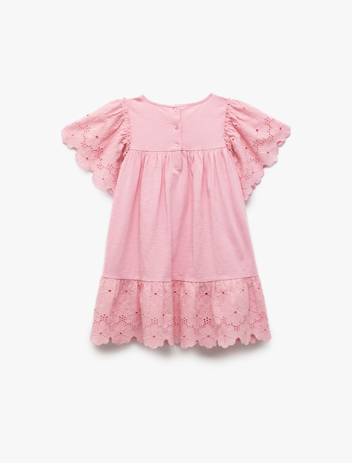 Kız Çocuk Kısa Kollu Bisiklet Yaka Brodeli Pamuklu Elbise