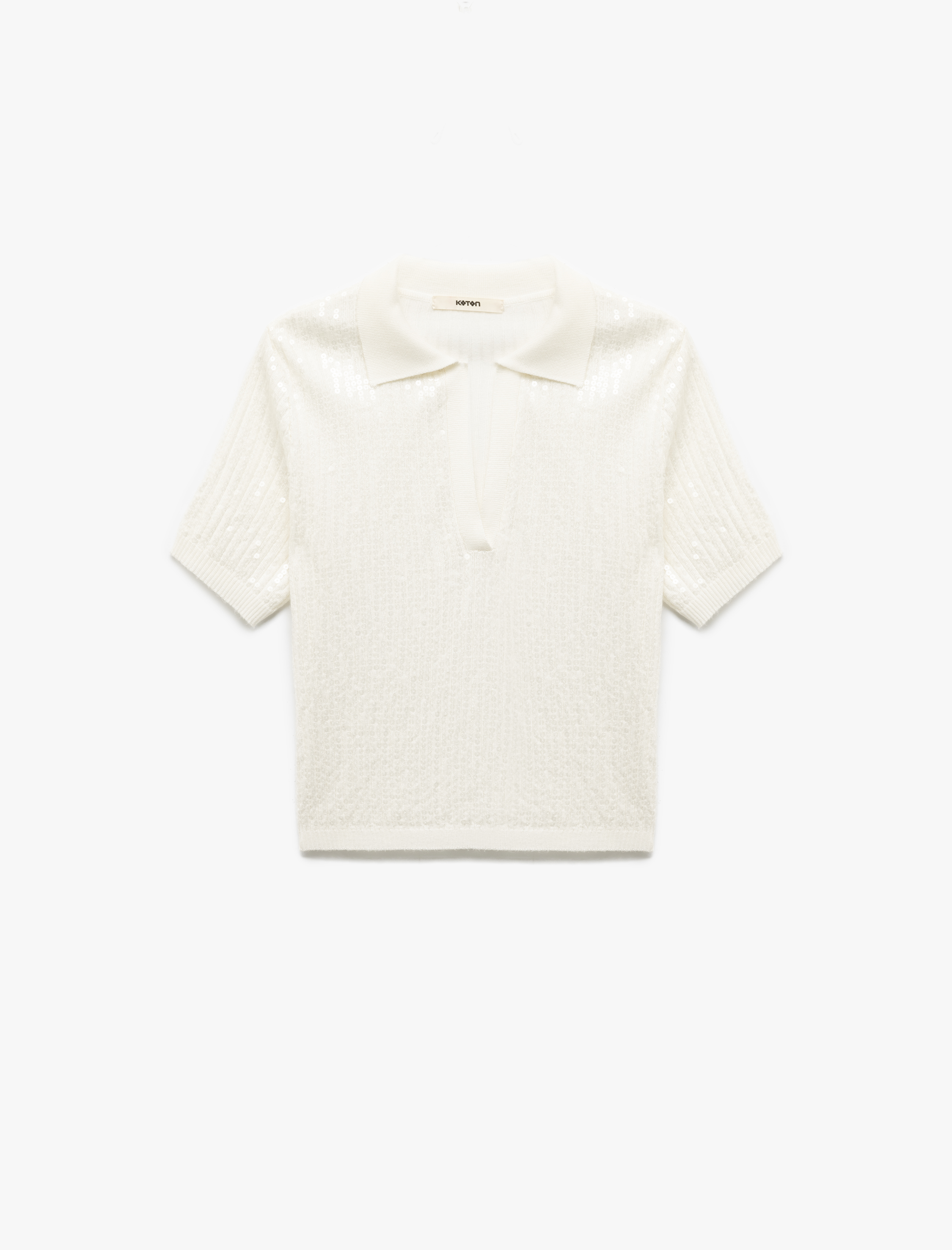   Pullu Payetli Kısa Kollu Triko Polo Yaka Kazak