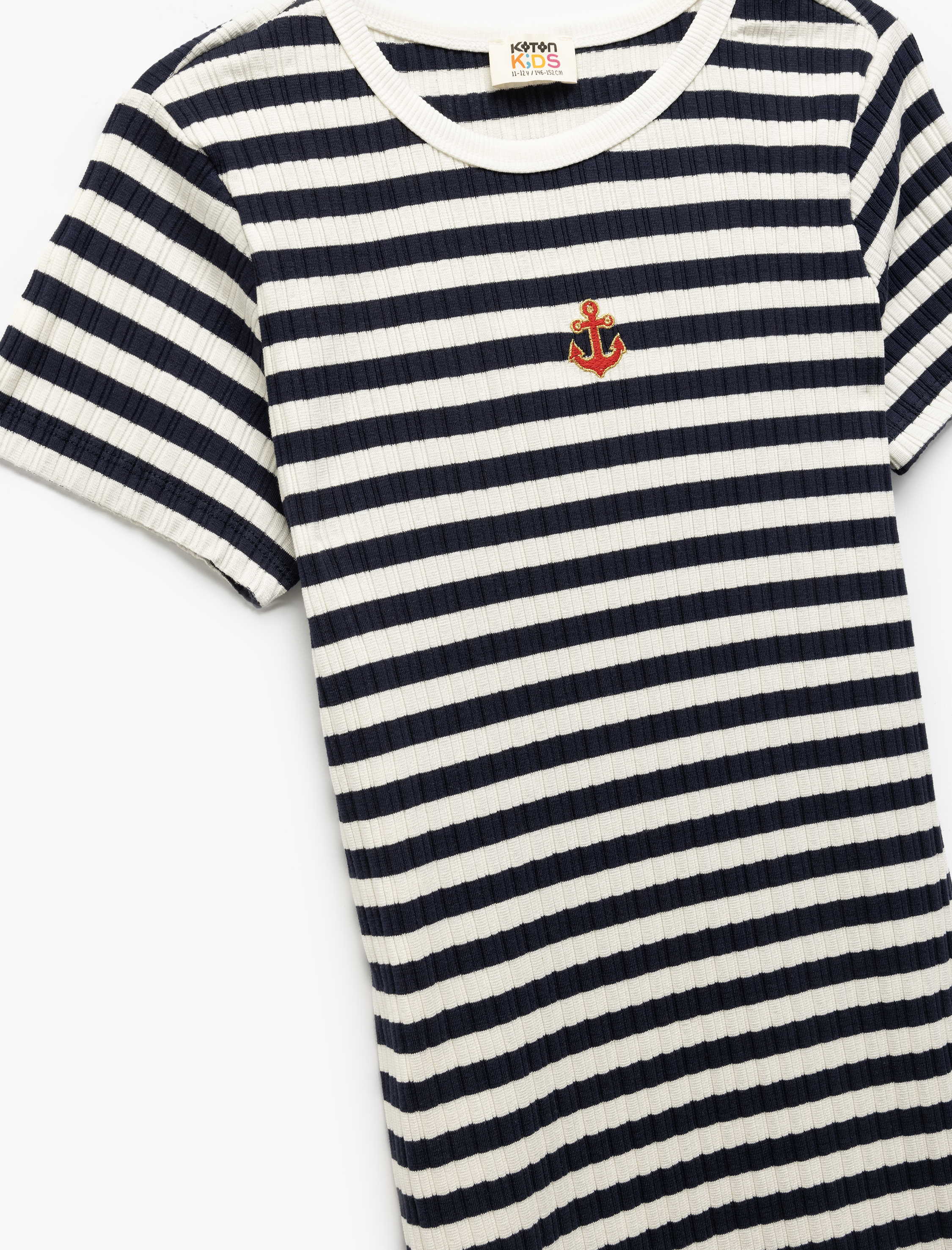 Kız Çocuk Bisiklet Yaka Kısa Kollu Nakış Detaylı Çizgili Elbise