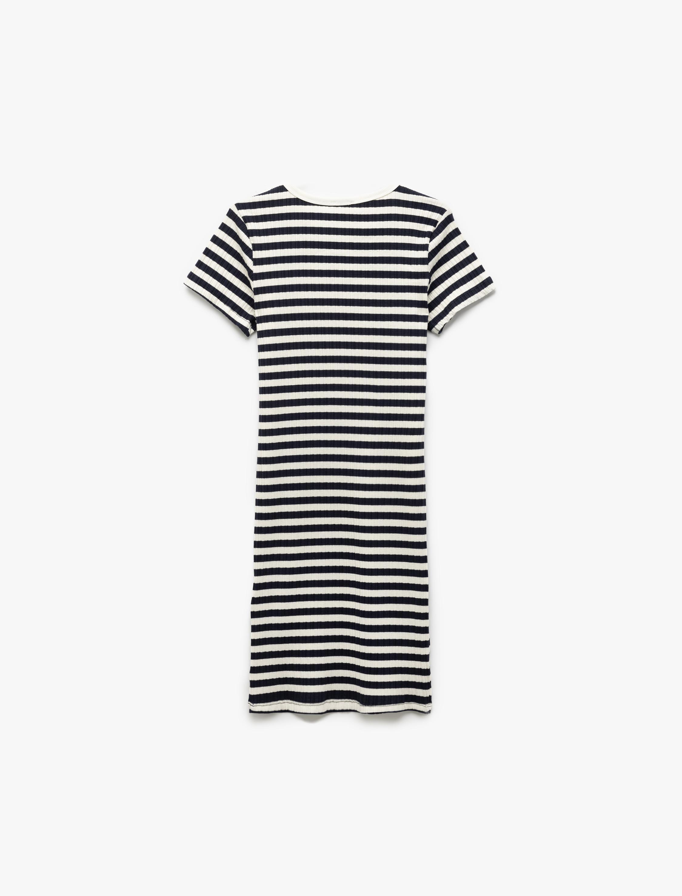 Kız Çocuk Bisiklet Yaka Kısa Kollu Nakış Detaylı Çizgili Elbise