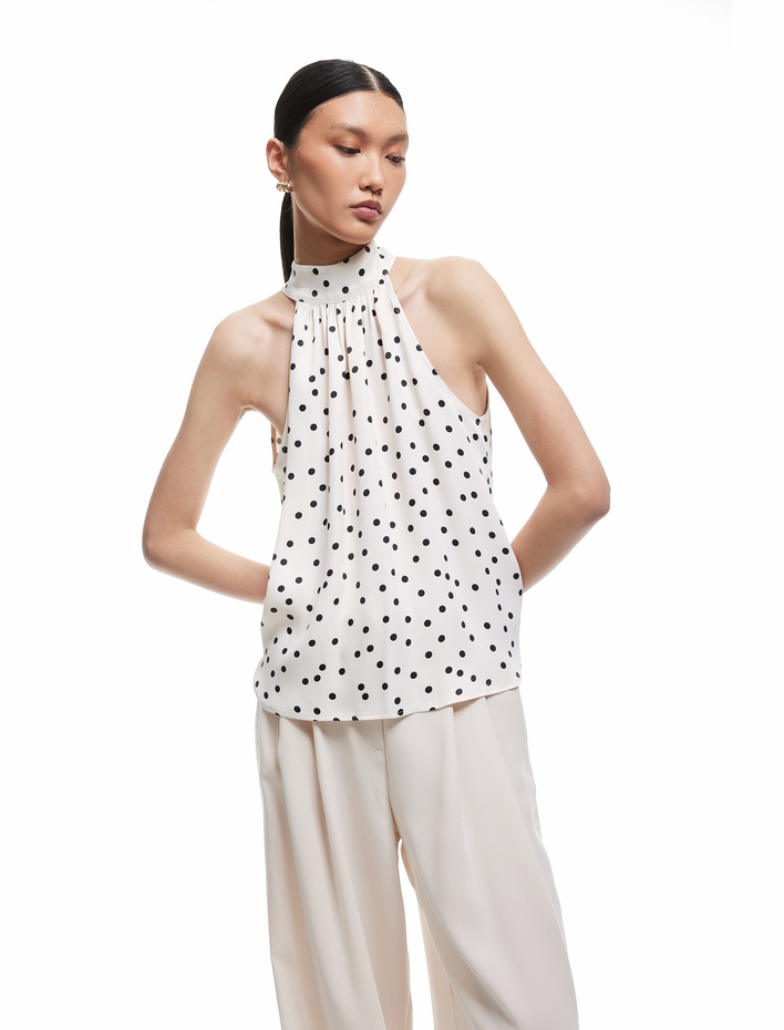  Bağlama Detaylı Halter Yaka Pauntiyeli Saten Bluz