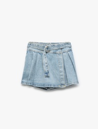 Pamuklu Cepli Kemer Detaylı Denim Şort Etek