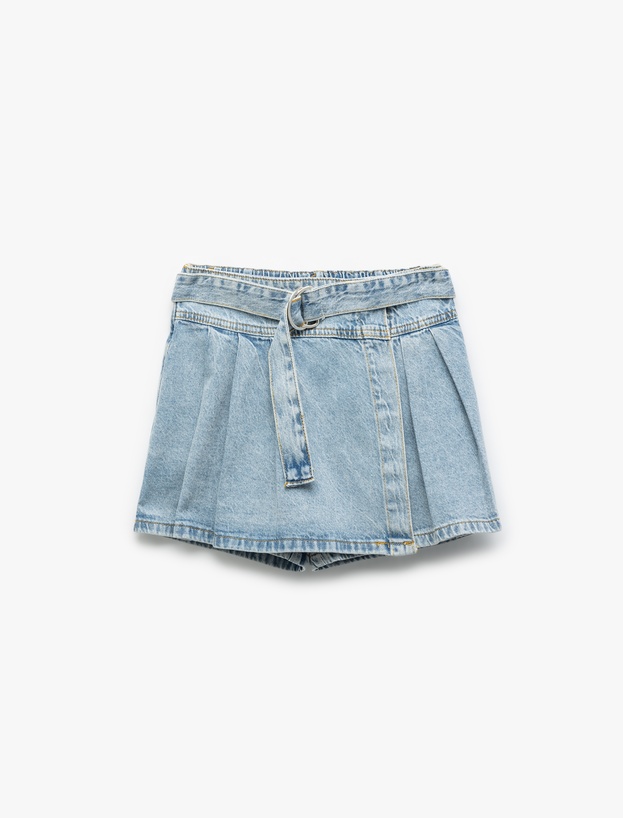 Pamuklu Cepli Kemer Detaylı Denim Şort Etek_0