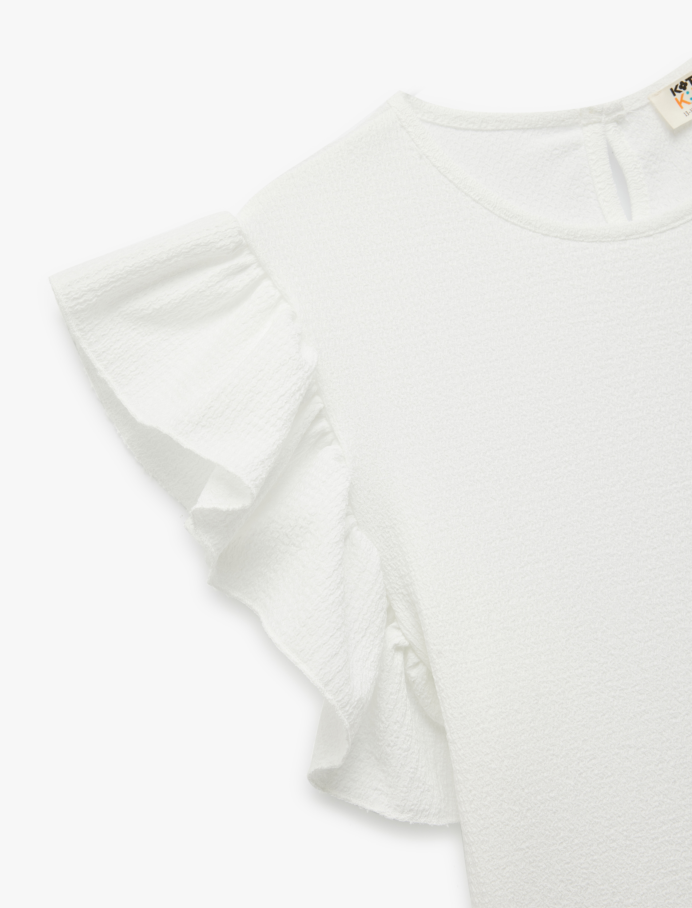  Kız Çocuk Brodeli Fırfır Detaylı Kelebek Kol Bisiklet Yaka Bluz