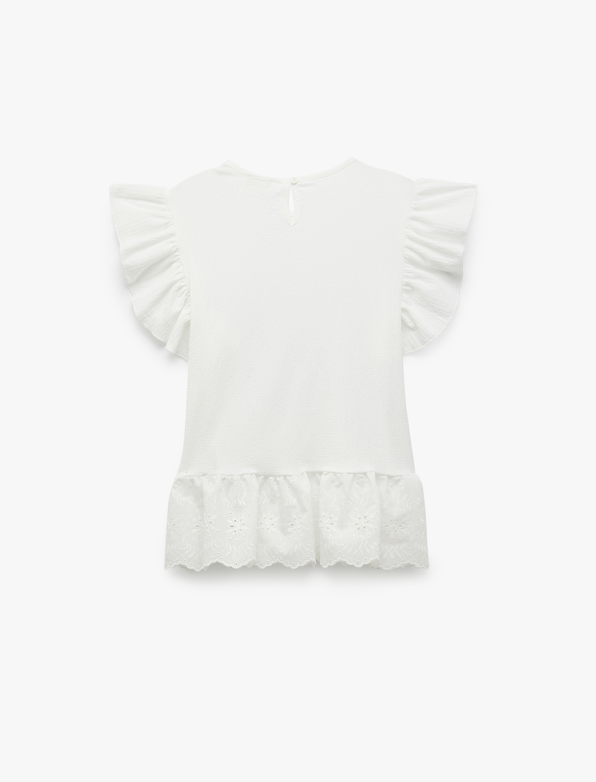  Kız Çocuk Brodeli Fırfır Detaylı Kelebek Kol Bisiklet Yaka Bluz