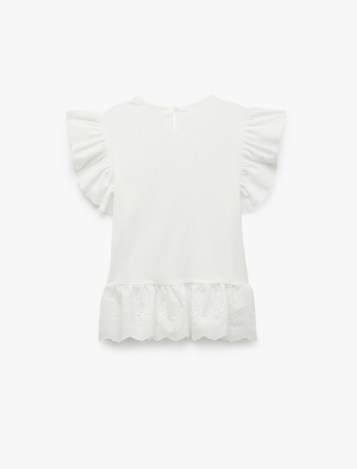 Kız Çocuk Brodeli Fırfır Detaylı Kelebek Kol Bisiklet Yaka Bluz