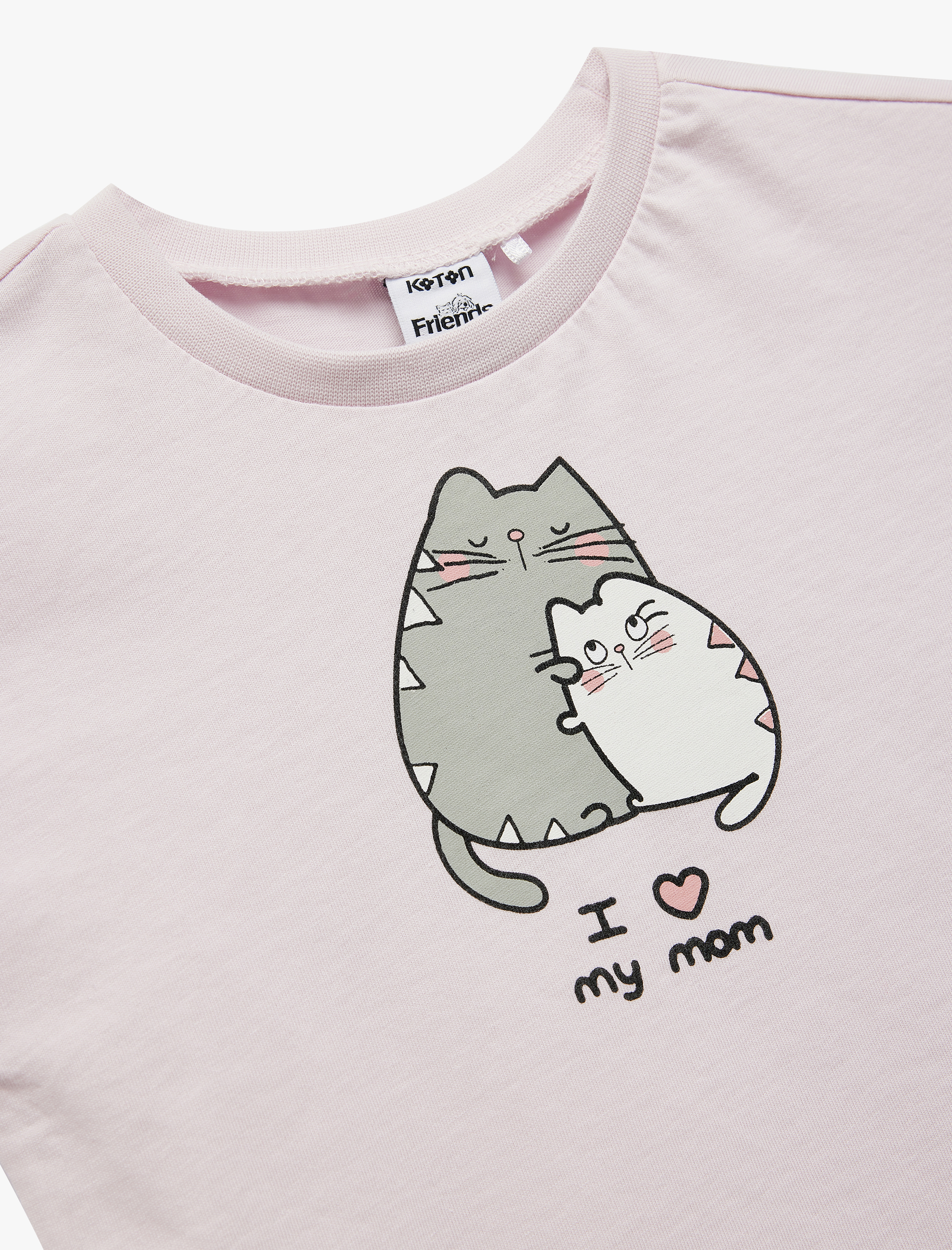  Kız Bebek Kısa Kollu Bisiklet Yaka Kedi Baskılı Pamuklu Tişört