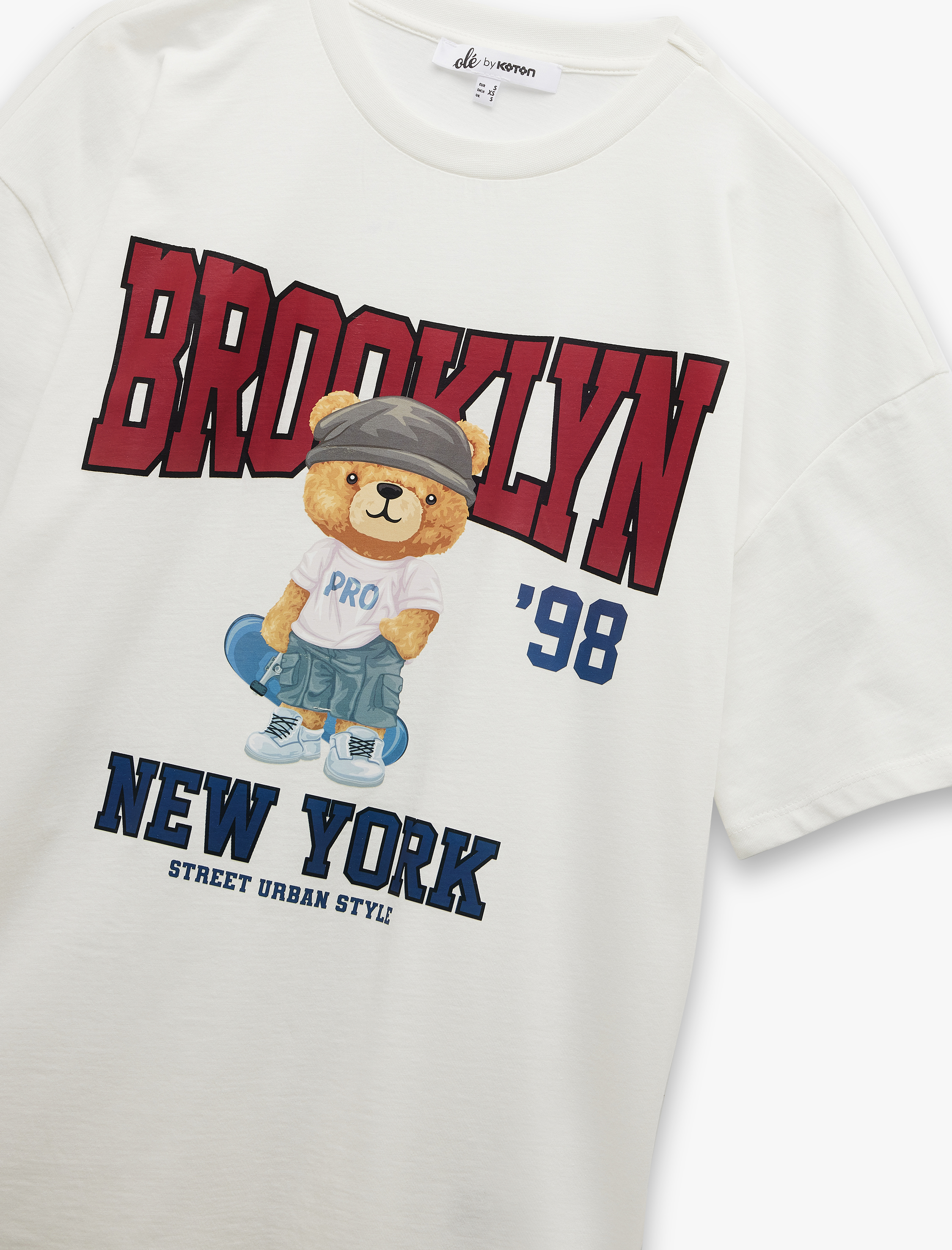   Kısa Kollu Bisiklet Yaka Pamuklu Ayıcık Baskılı Oversize Tişört