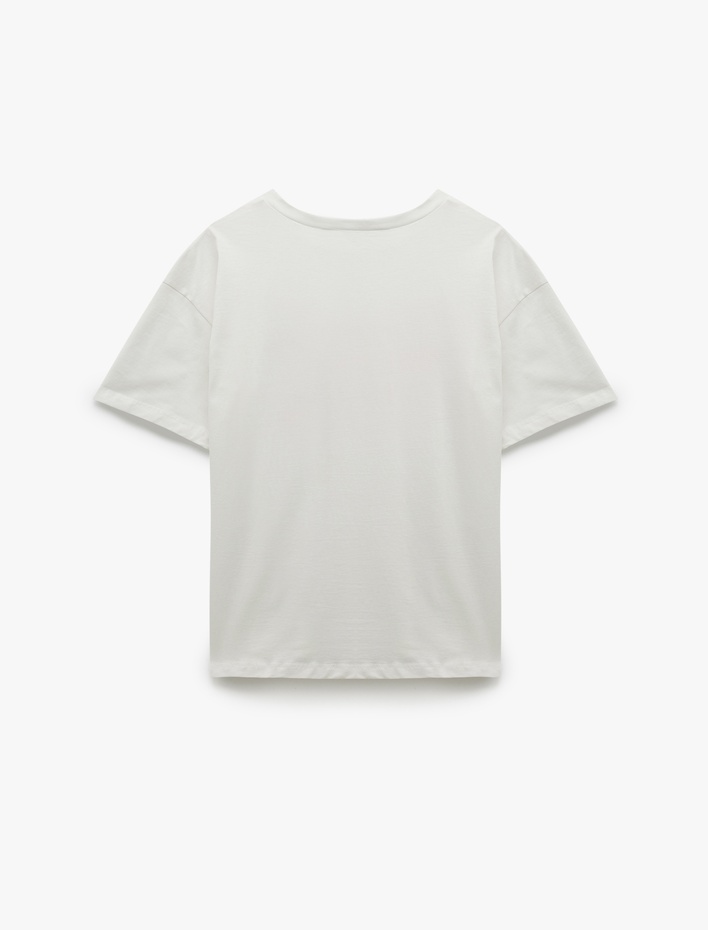  Kısa Kollu Bisiklet Yaka Pamuklu Fiyonk Baskılı Oversize Tişört