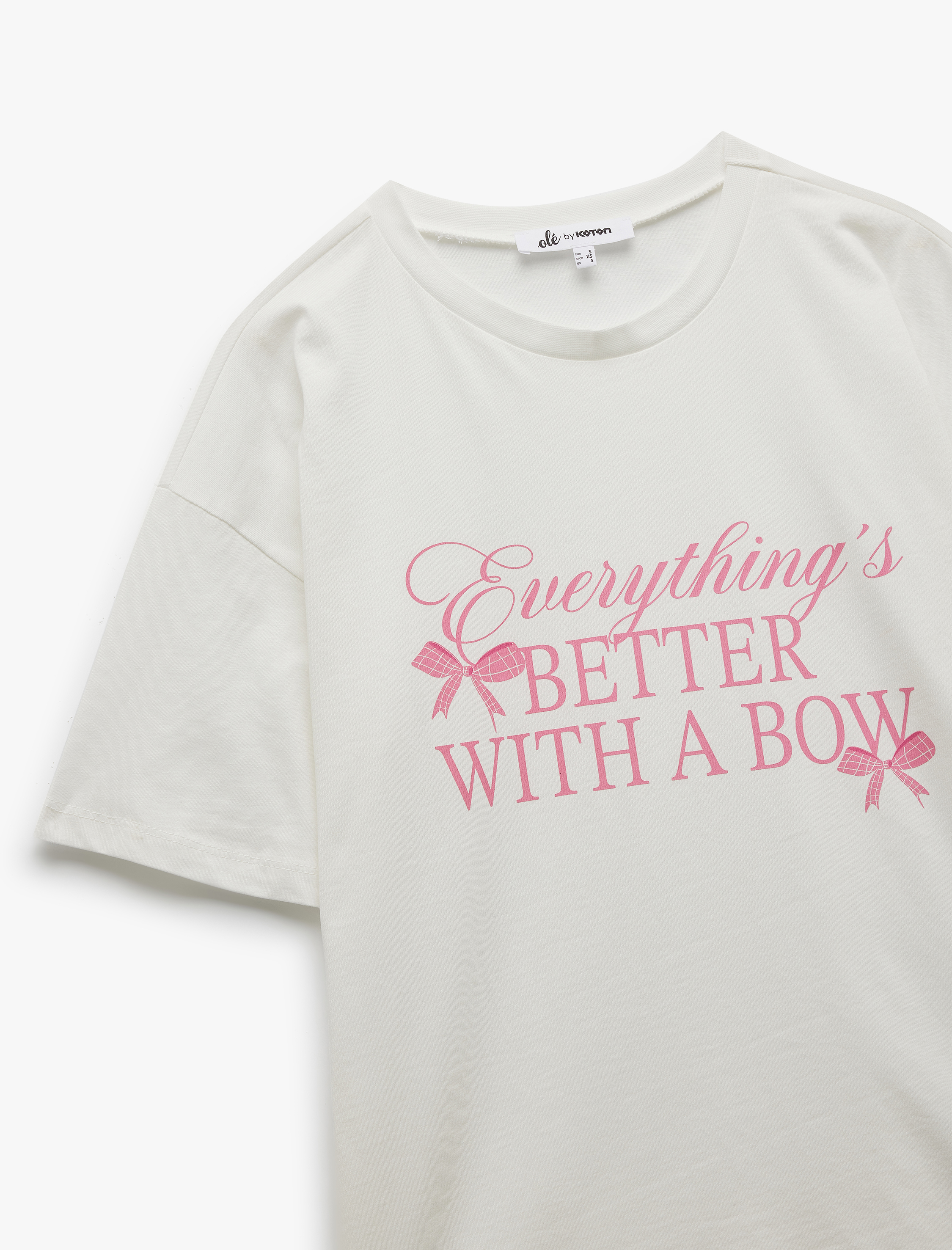   Kısa Kollu Bisiklet Yaka Pamuklu Fiyonk Baskılı Oversize Tişört