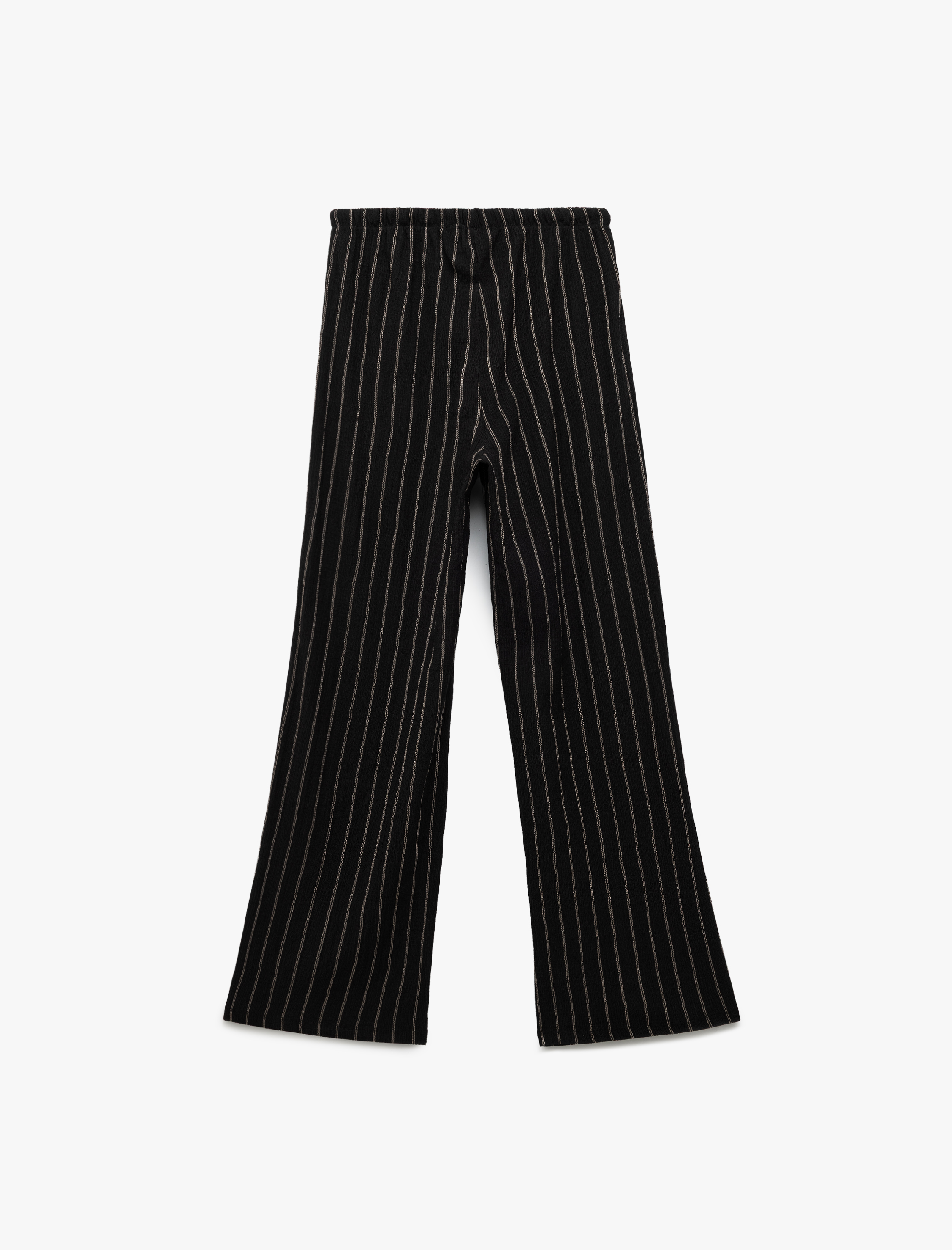   Beli Bağcıklı Çizgili Düz Uzun Paça Pantolon