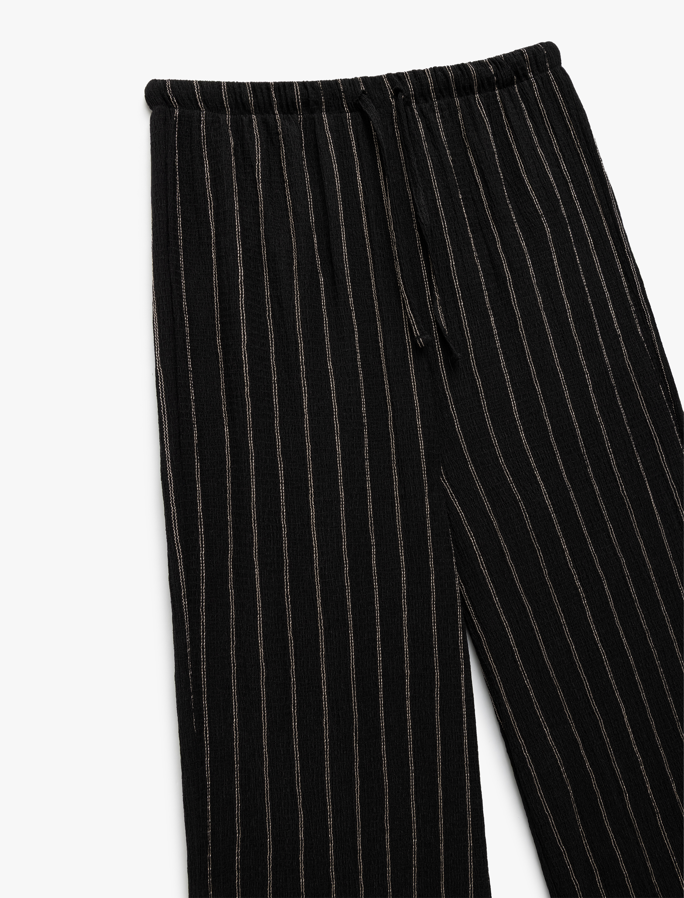   Beli Bağcıklı Çizgili Düz Uzun Paça Pantolon