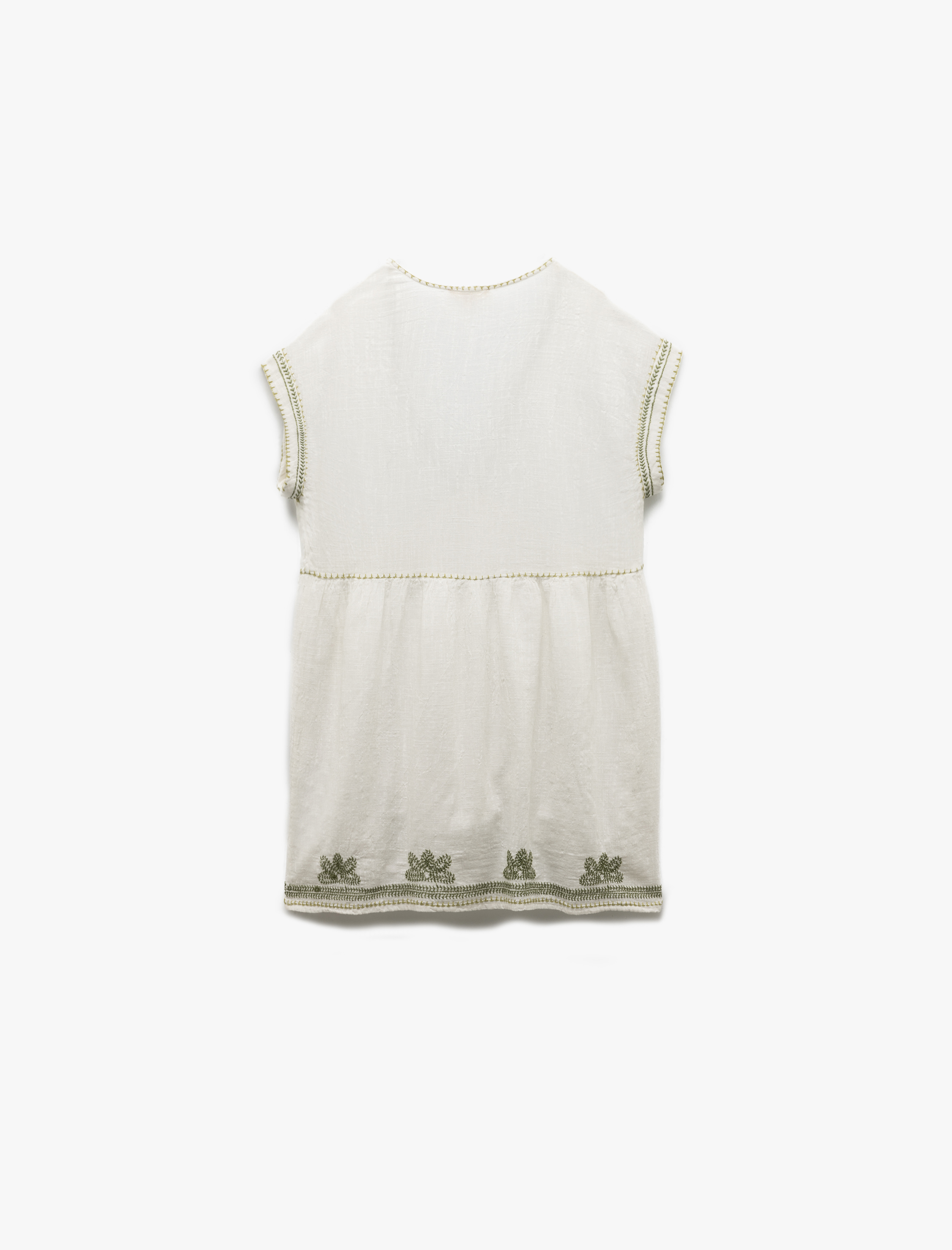 Rahat Kalıp Pamuklu Nakış Detaylı Kısa Kollu V Yaka Mini Elbise