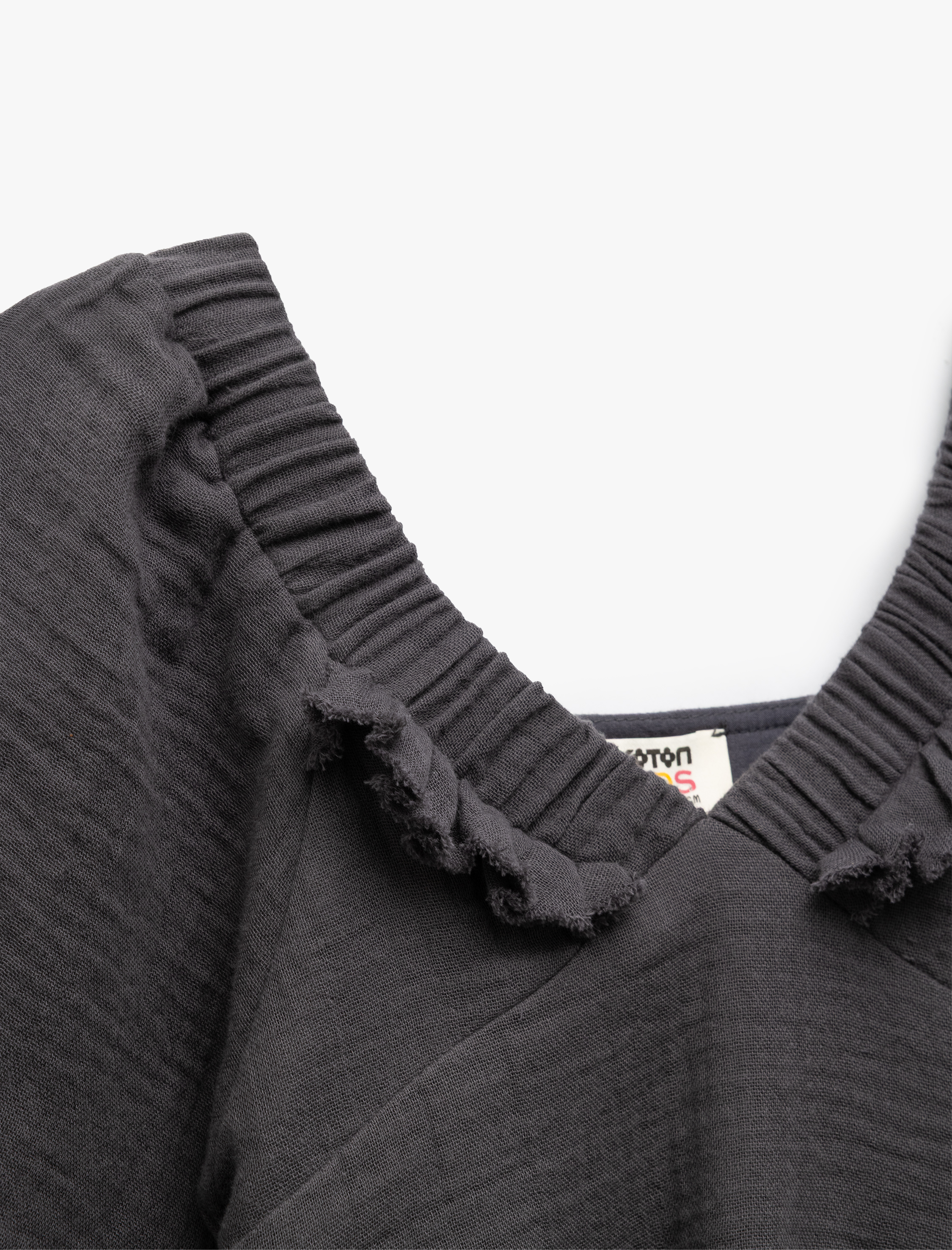  Kız Çocuk Fırfır Detaylı Pamuklu Balon Kollu Müslin Elbise