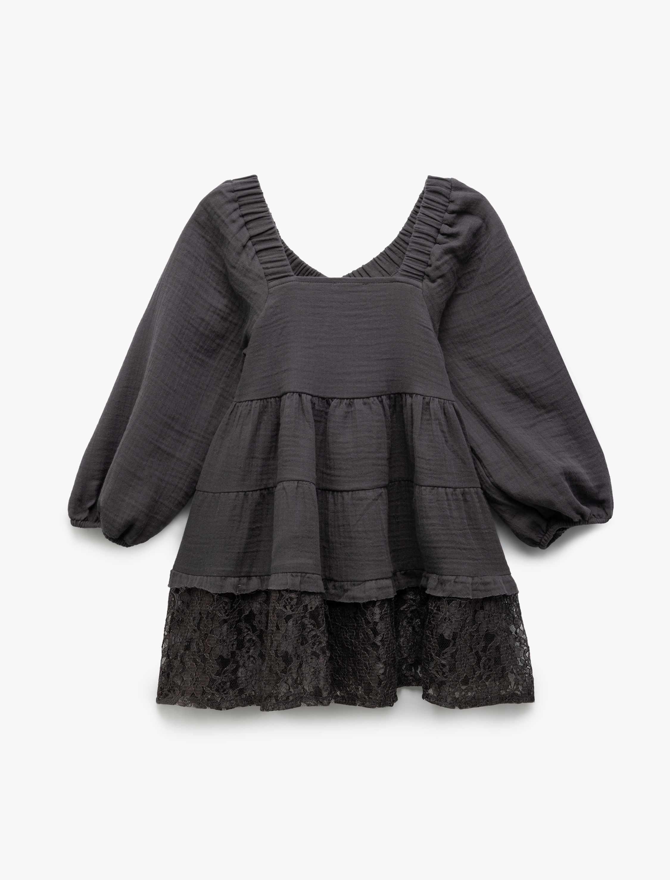  Kız Çocuk Fırfır Detaylı Pamuklu Balon Kollu Müslin Elbise