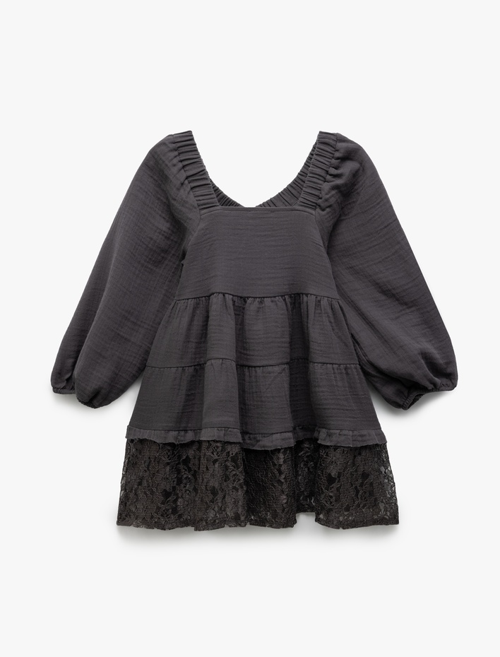 Kız Çocuk Fırfır Detaylı Pamuklu Balon Kollu Müslin Elbise