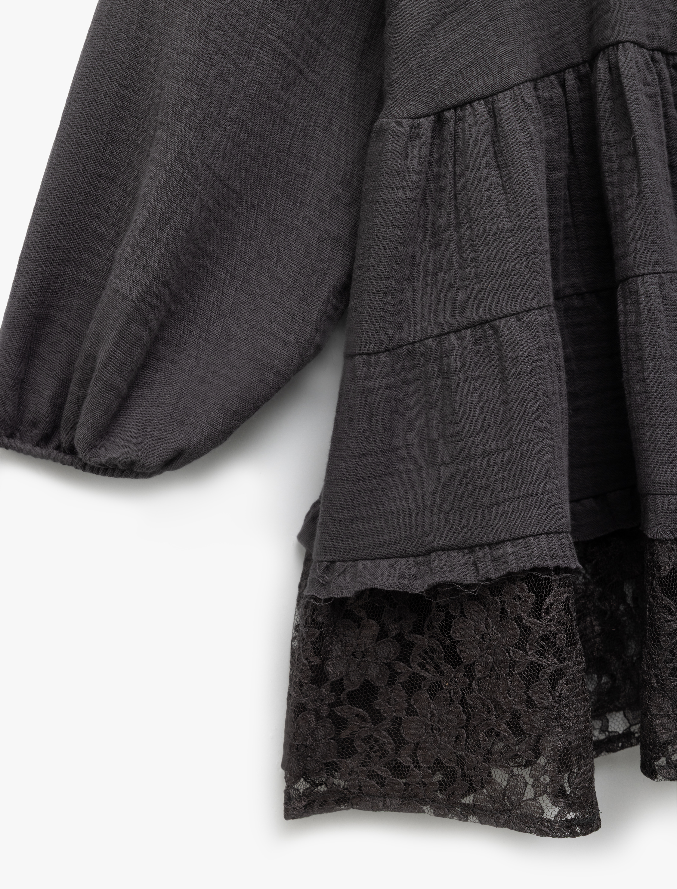  Kız Çocuk Fırfır Detaylı Pamuklu Balon Kollu Müslin Elbise