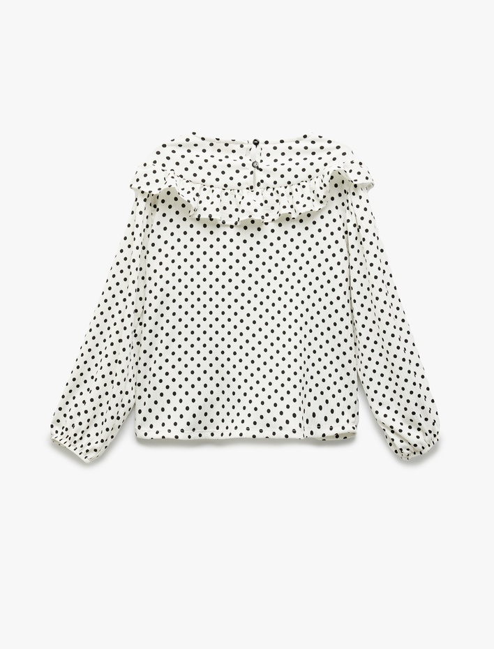 Kız Çocuk Puantiyeli Fırfırlı Bisiklet Yaka Uzun Kollu Bluz