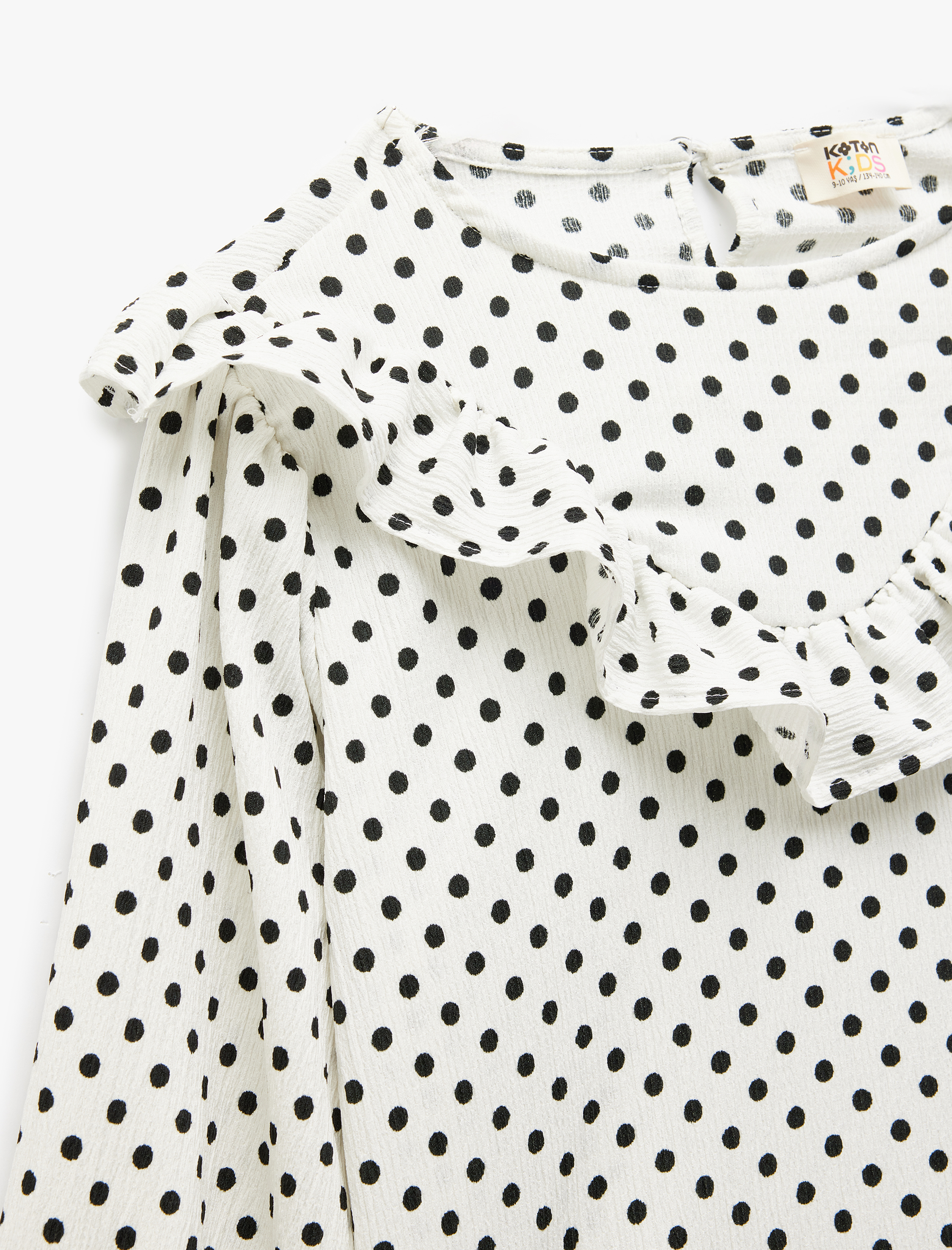  Kız Çocuk Puantiyeli Fırfırlı Bisiklet Yaka Uzun Kollu Bluz