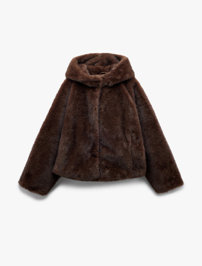  Kapüşonlu Cepli Oversize Suni Kürk Kaban