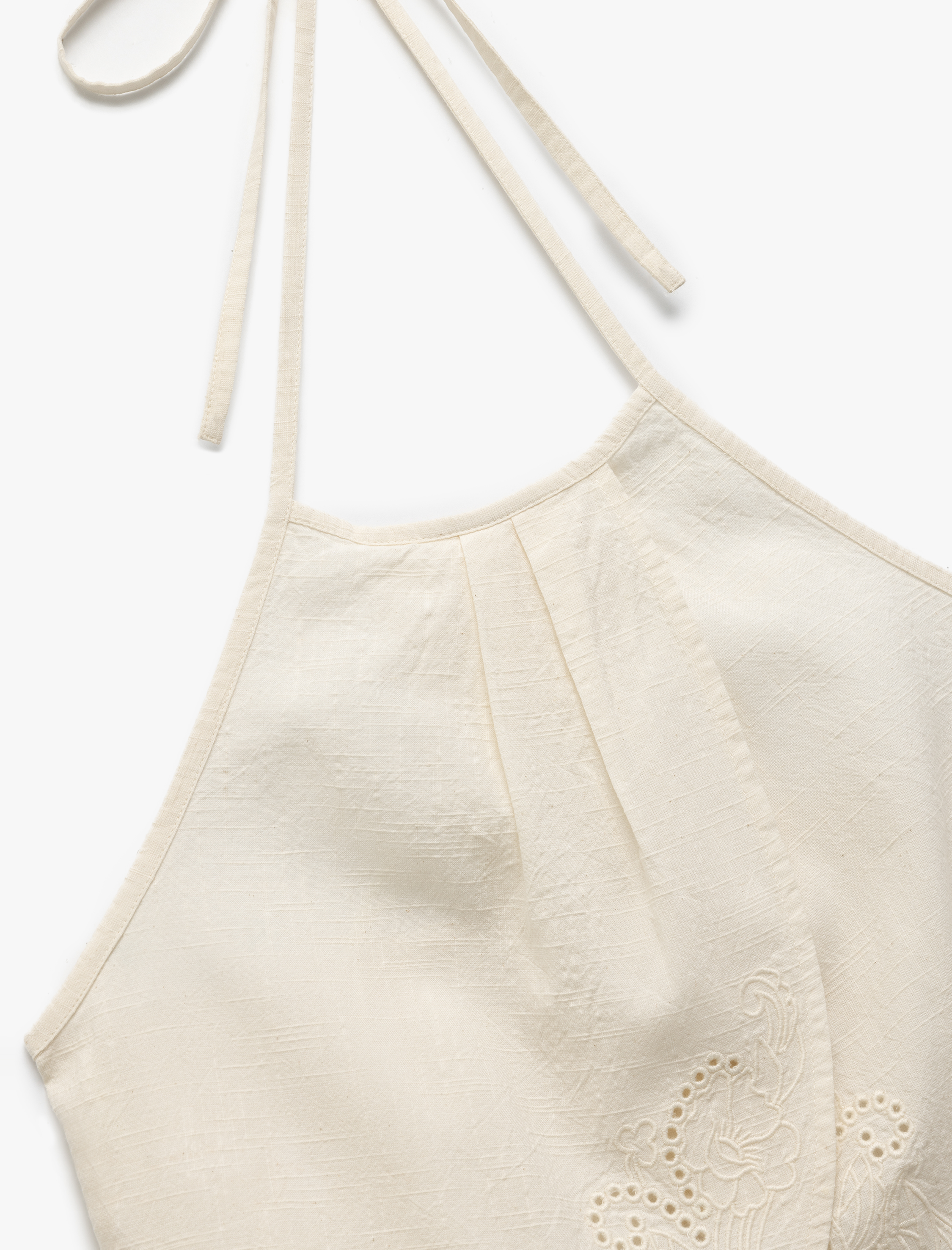   Pamuklu Boyundan Bağlamalı Fistolu Brodeli Halter Yaka Bluz