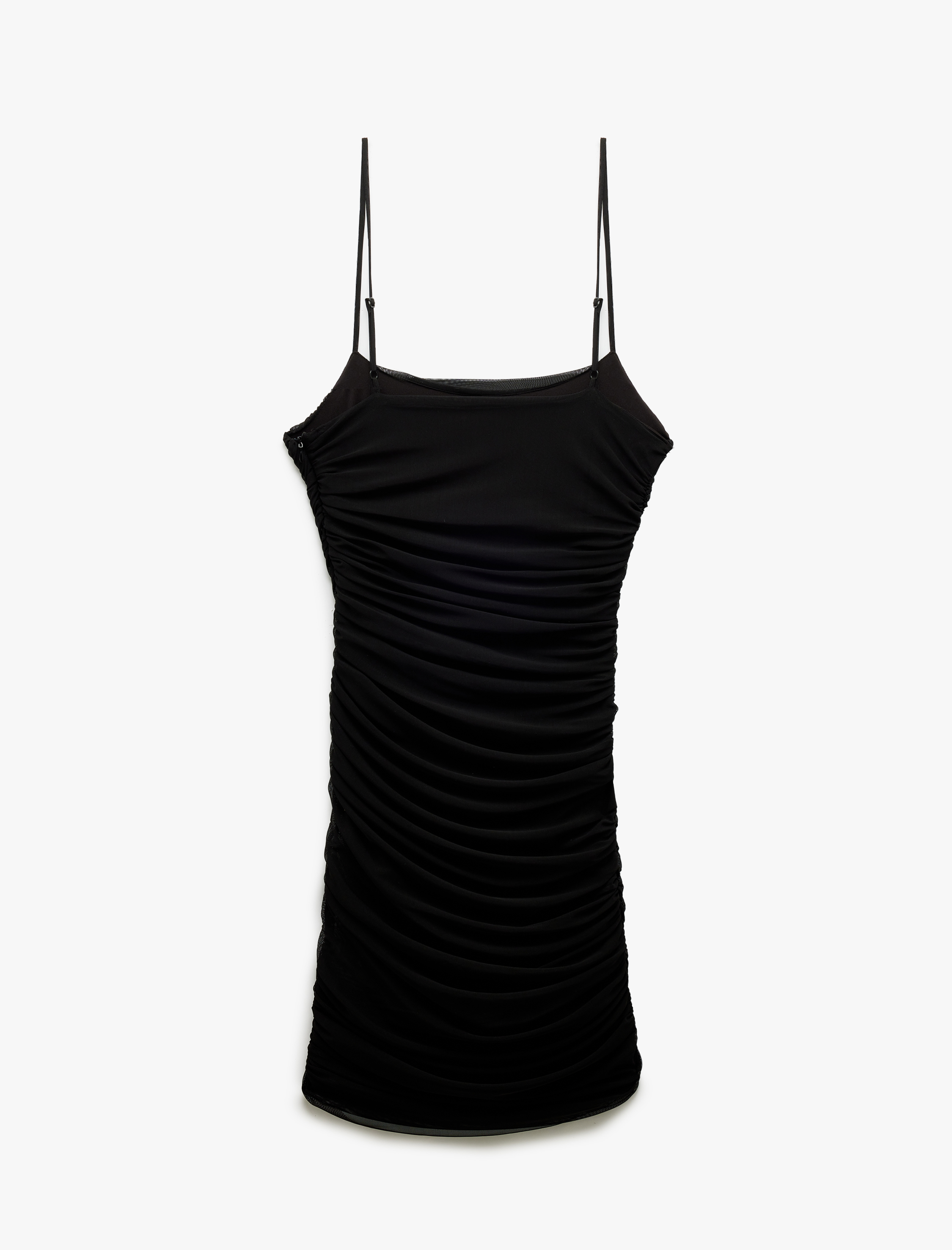   Drapeli  Tül Detaylı İnce Askılı Mini Elbise