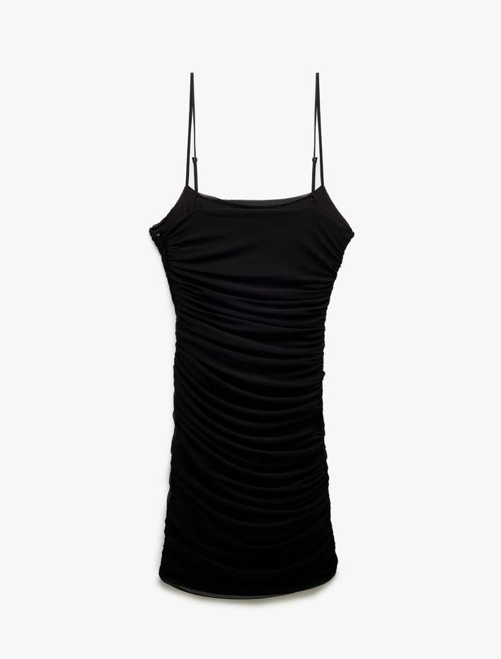  Drapeli  Tül Detaylı İnce Askılı Mini Elbise