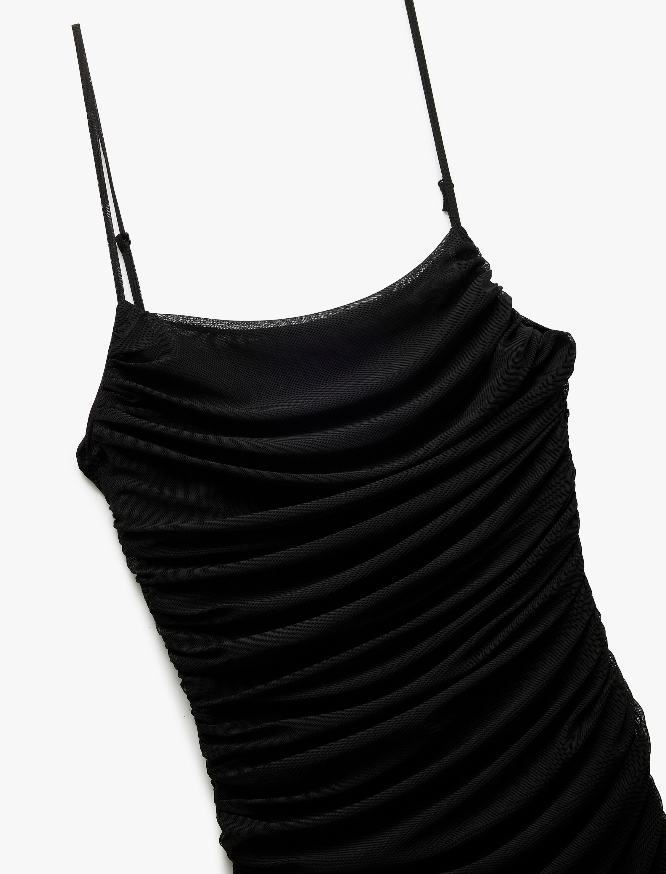   Drapeli  Tül Detaylı İnce Askılı Mini Elbise