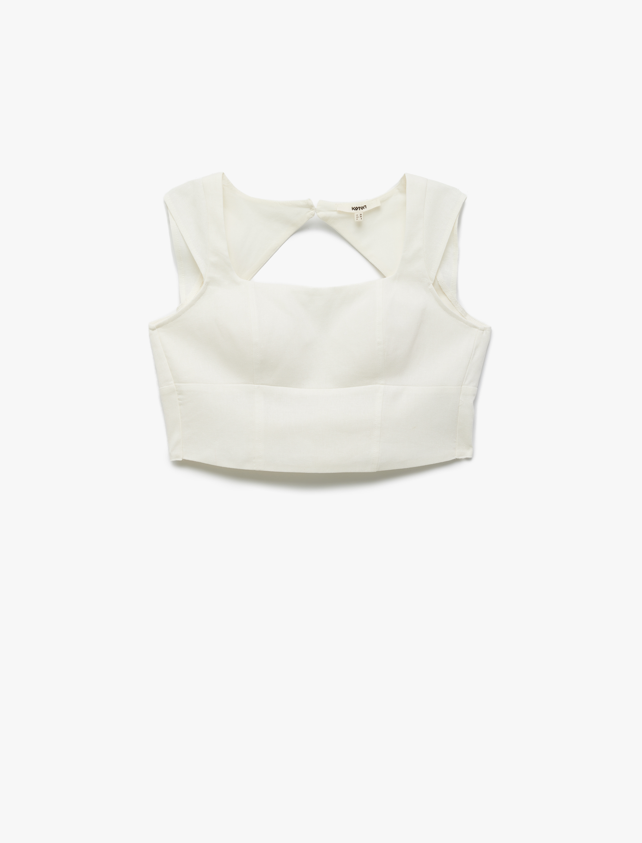 Koton Kadın Kırık Beyaz Kare Yaka Kap Kol Keten Crop Top -1